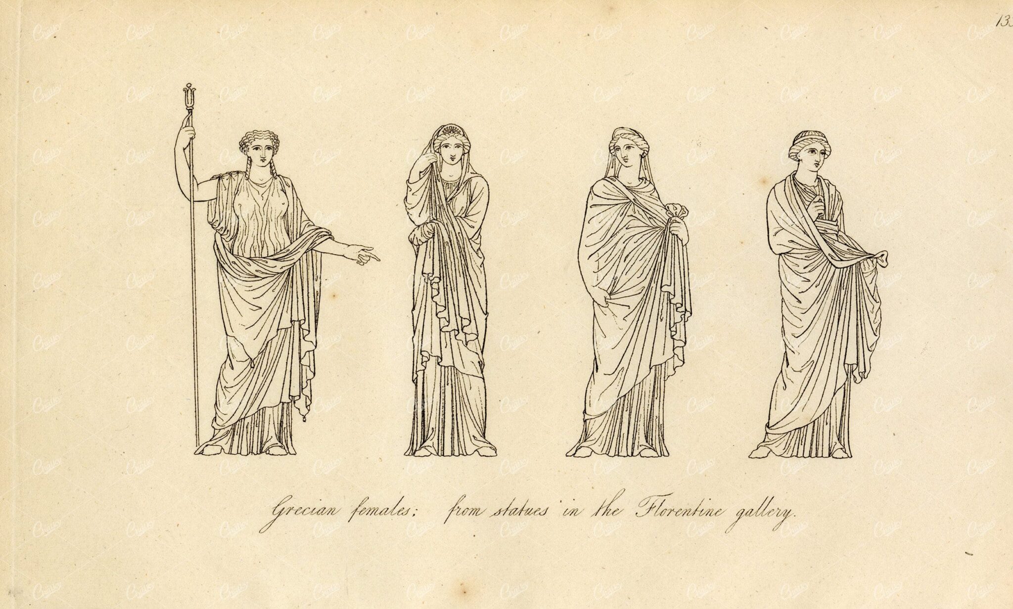 ANTIQUE Ancient Costume Print - Grecian Females from Florentine Statues