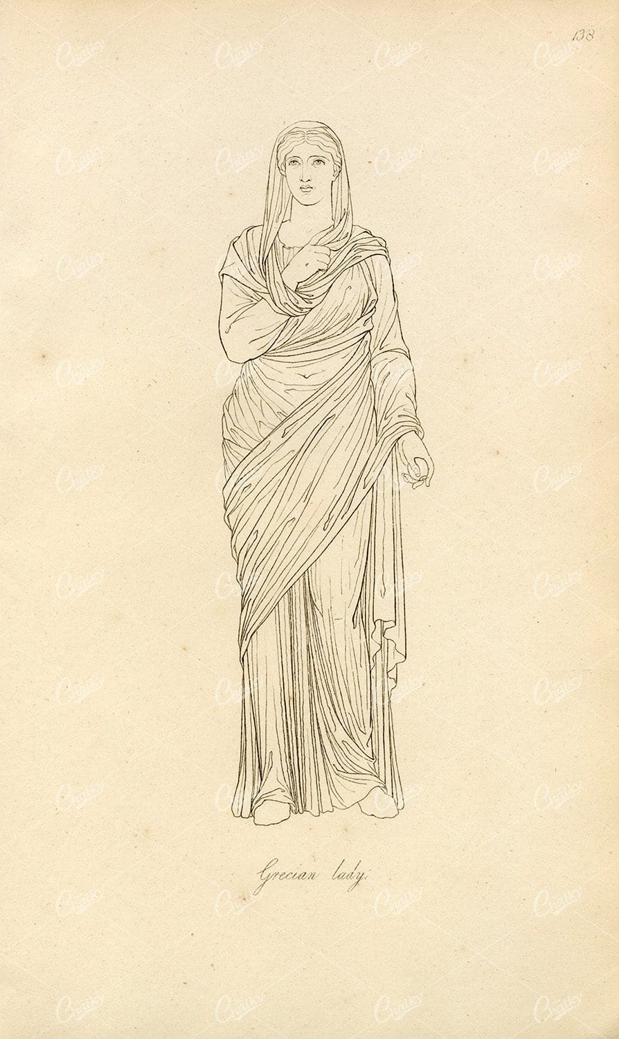 ANTIQUE Ancient Costume Print - Grecian Lady in Dress 1809 Engraving