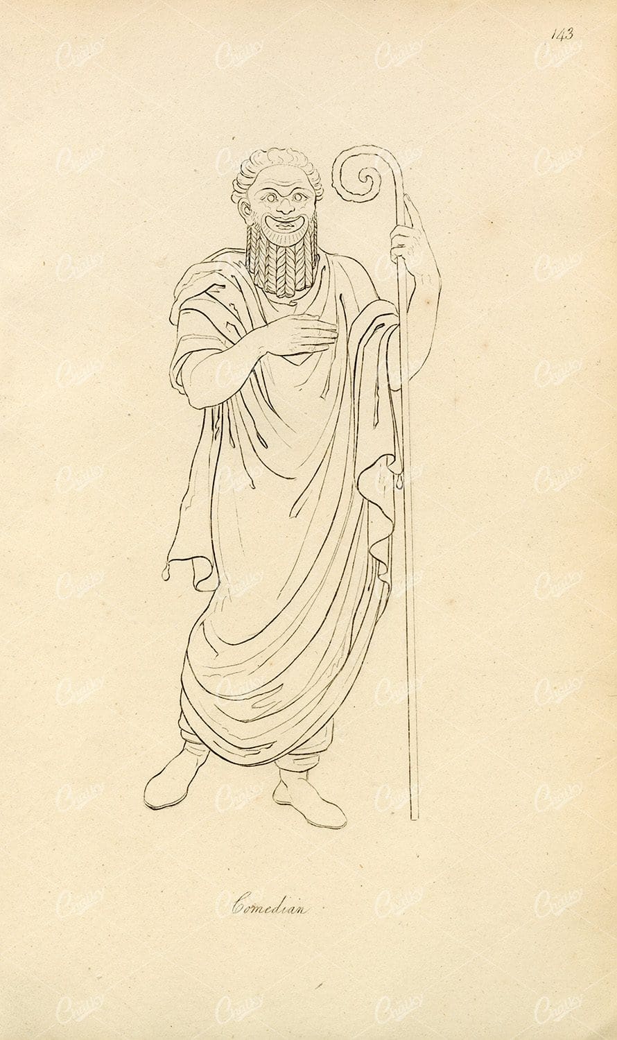 ANTIQUE Ancient Costume Print - Grecian Comedian 1809 Engraving