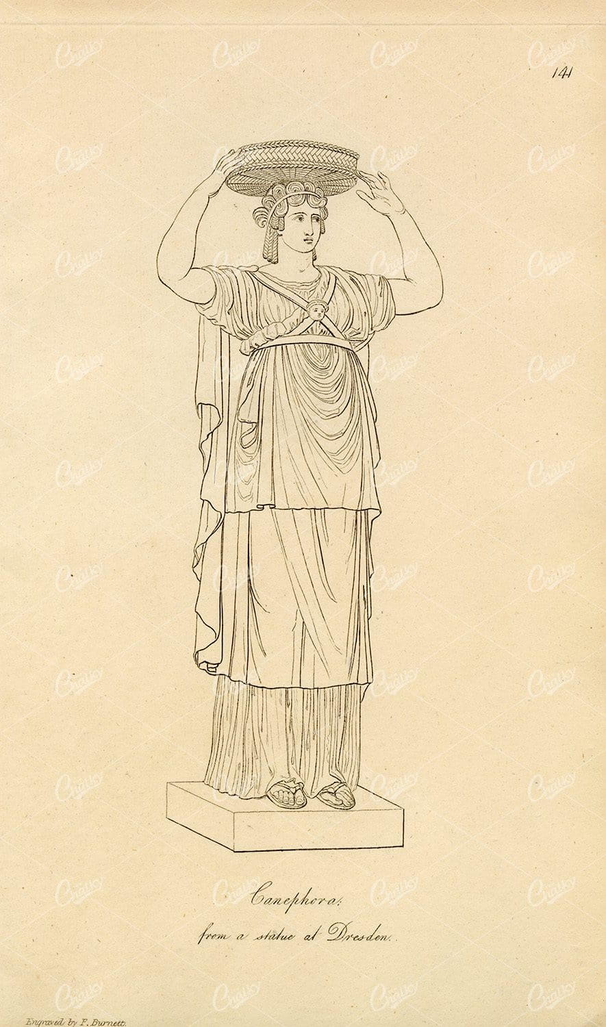 ANTIQUE Ancient Costume Print - Grecian Canephora Maiden
