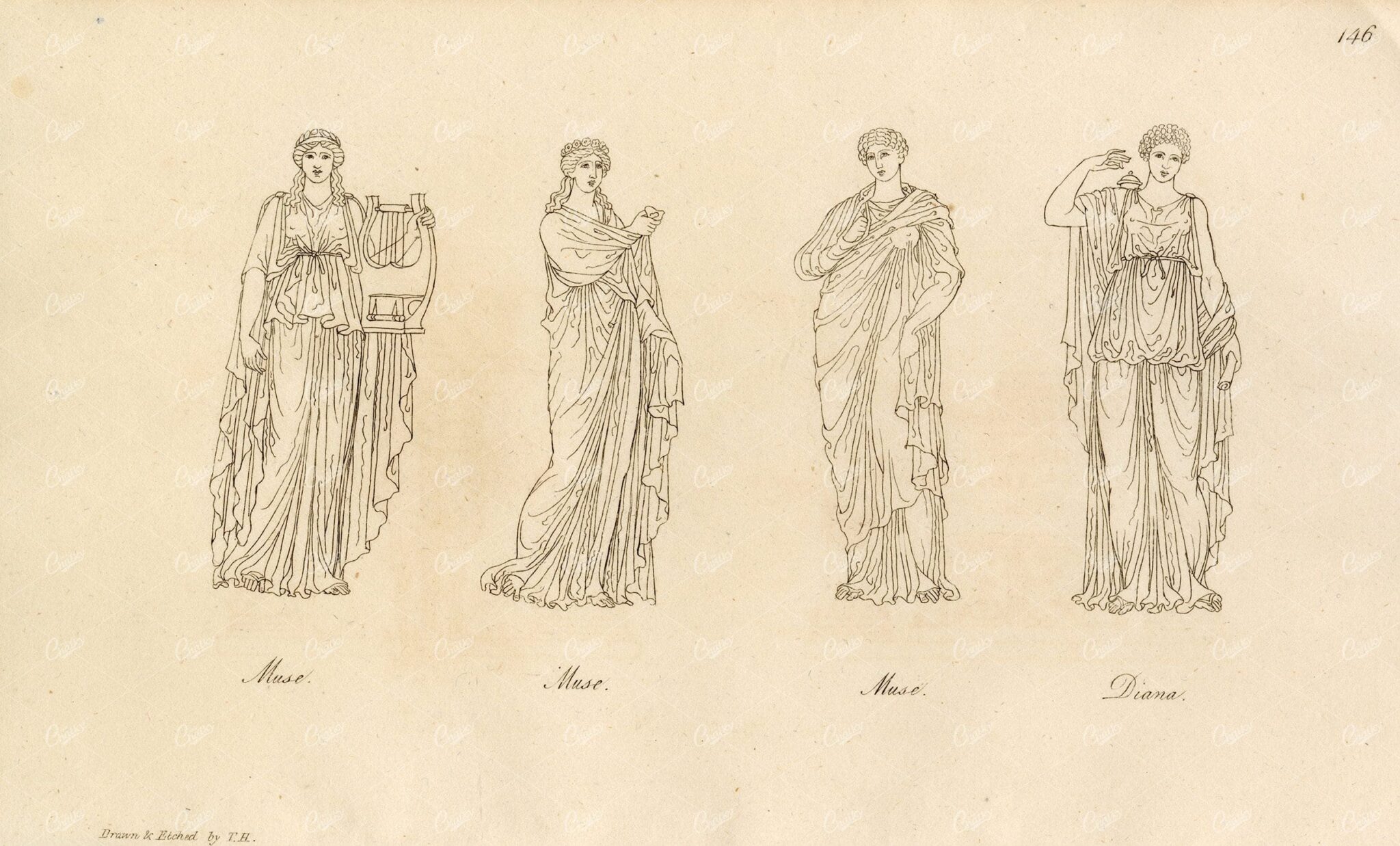 ANTIQUE Ancient Mythology Print - Muses and Diana 1809 Engraving