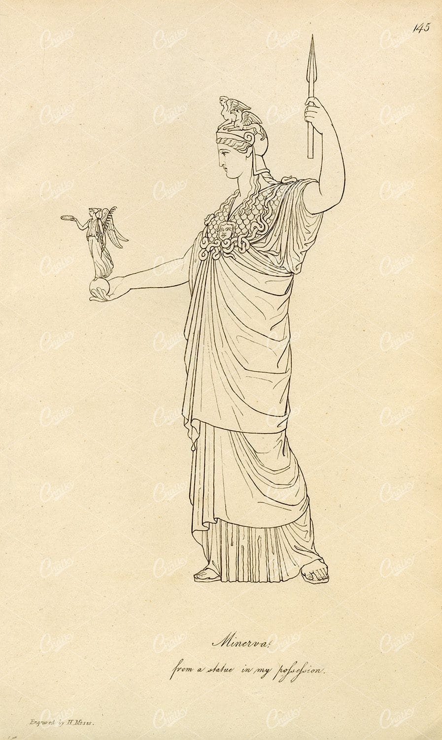 ANTIQUE Ancient Mythology Print - Minerva Goddess 1809 Engraving