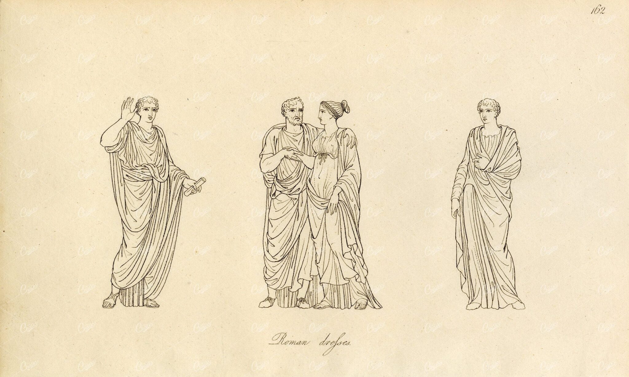 ANTIQUE Ancient Costume Print - Various Roman Dresses