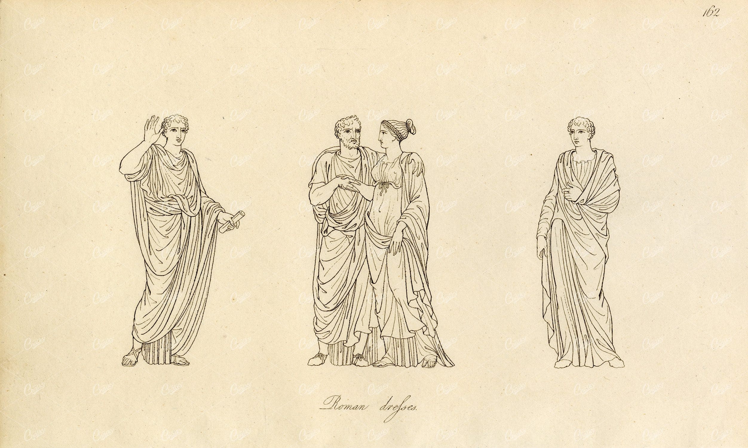 ANTIQUE Ancient Costume Print - Various Roman Dresses