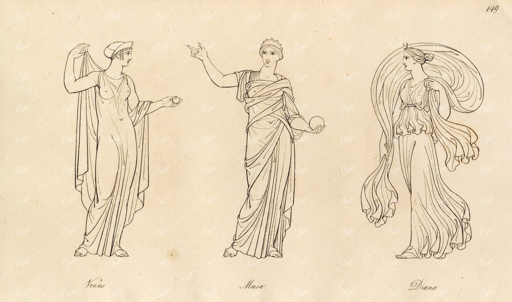 ANTIQUE Ancient Mythology Print - Venus, Muse and Diana