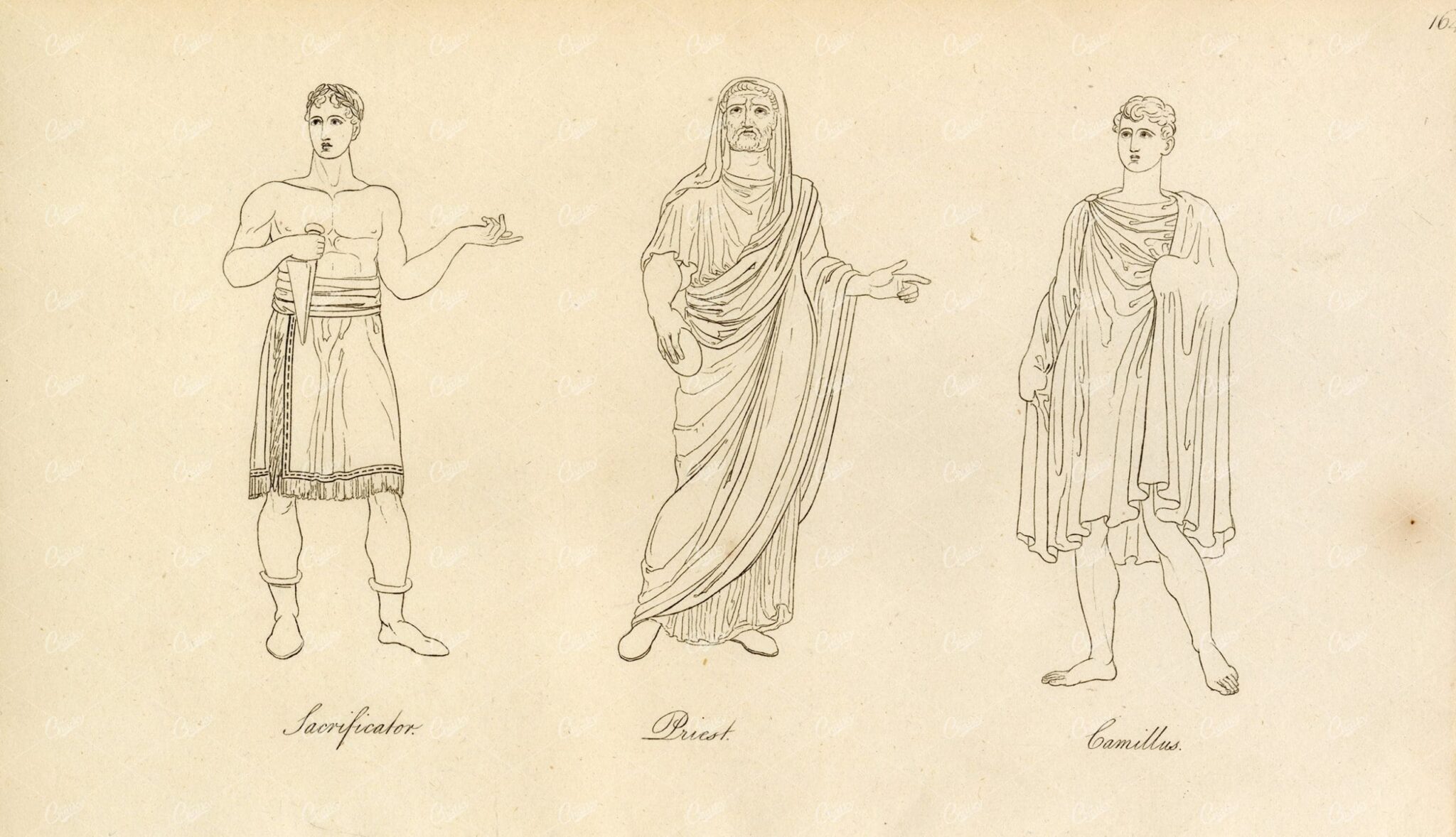 ANTIQUE Ancient Costume Print - Sacrifacator, Priest, Camillus