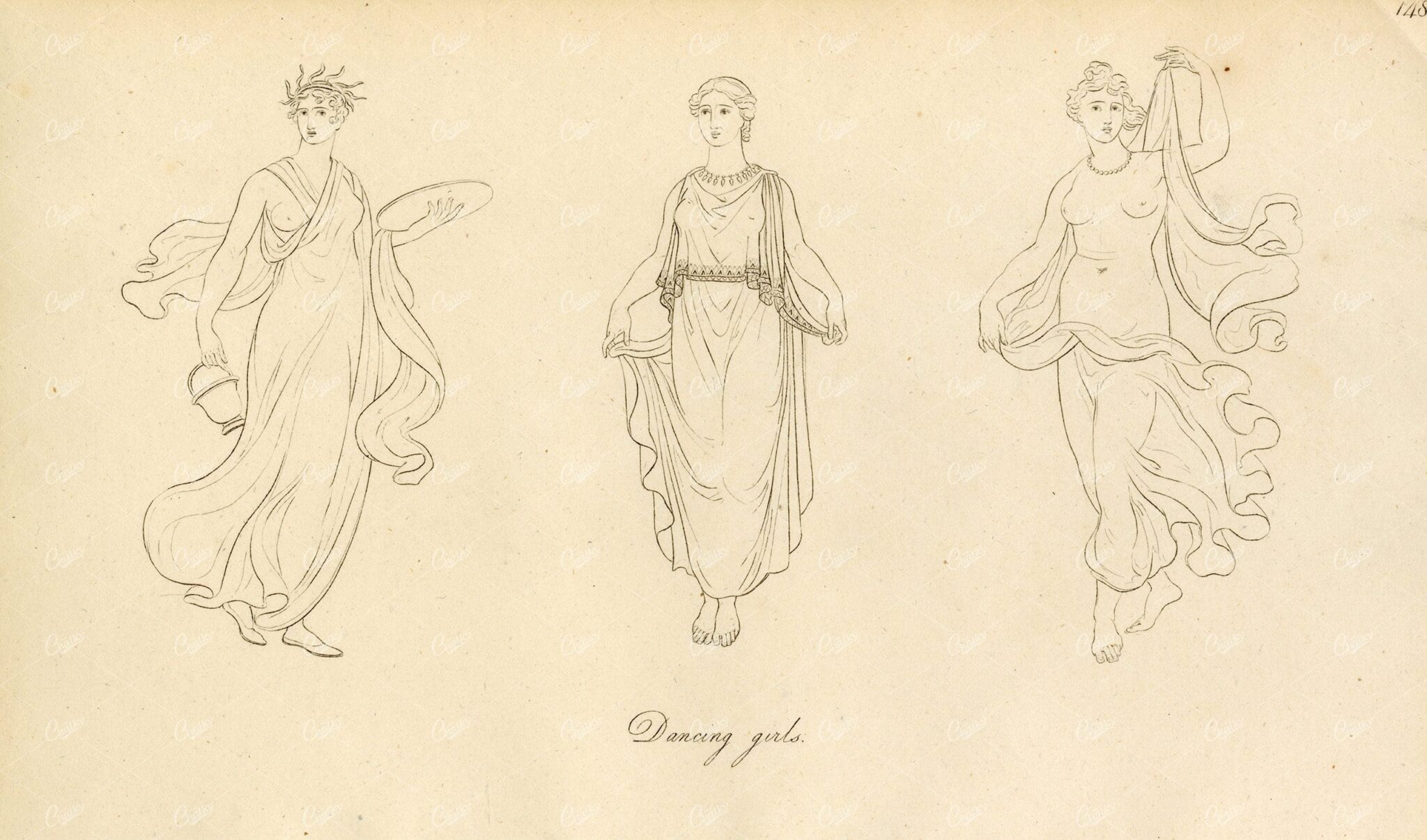 ANTIQUE Ancient Costume Print - Dancing Girls