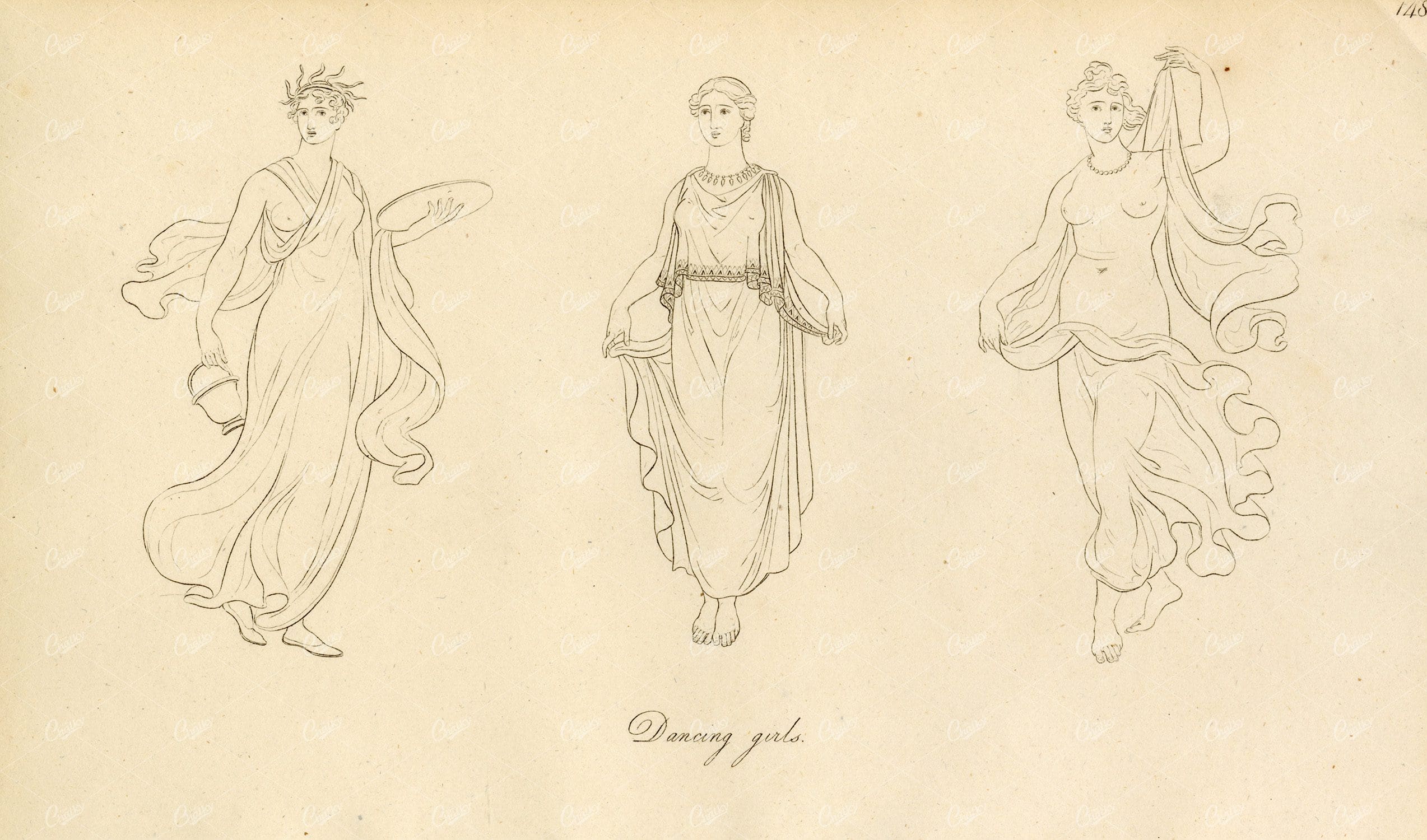 ANTIQUE Ancient Costume Print - Dancing Girls