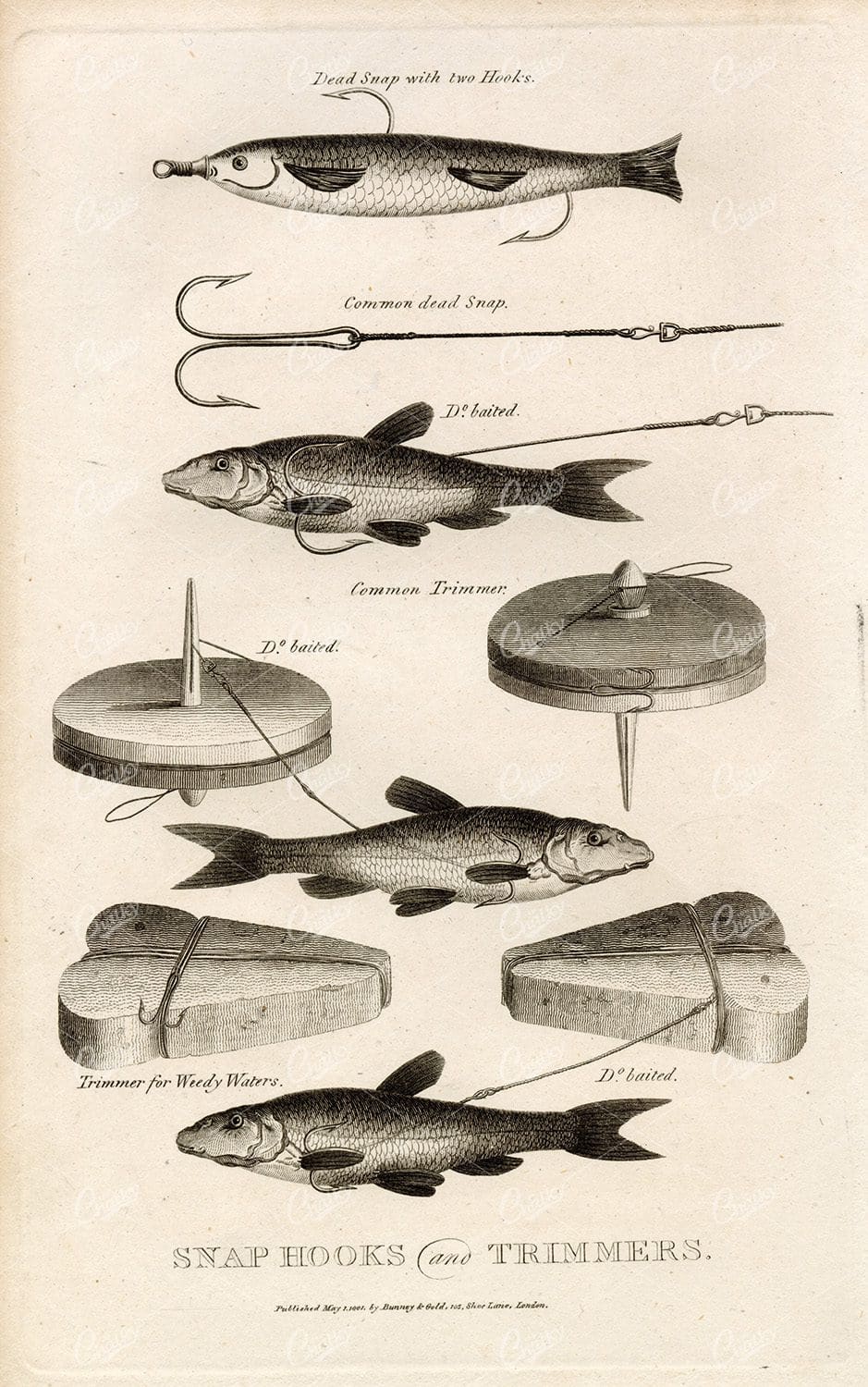 ANTIQUE Rural Sports Engraving - Fishing Snap Hooks and Trimmers