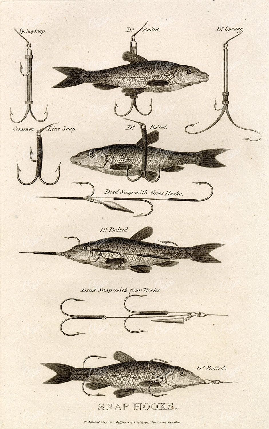 ANTIQUE Rural Sports Engraving - Fishing Snap Hooks with Bait