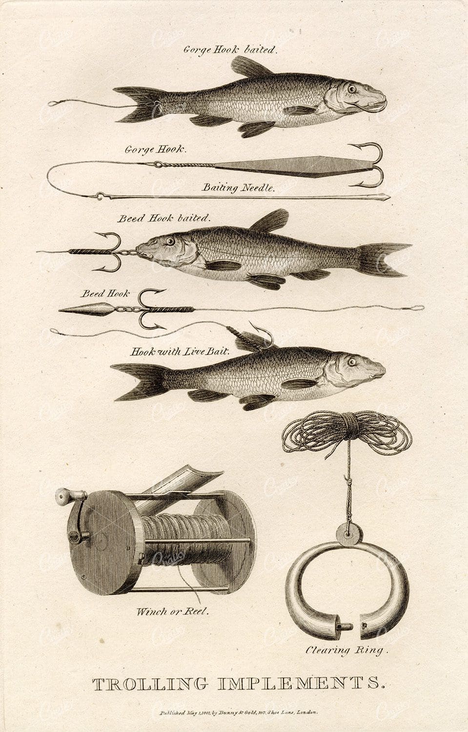 ANTIQUE Rural Sports Engraving - Fishing Reel, Gear, and Bait