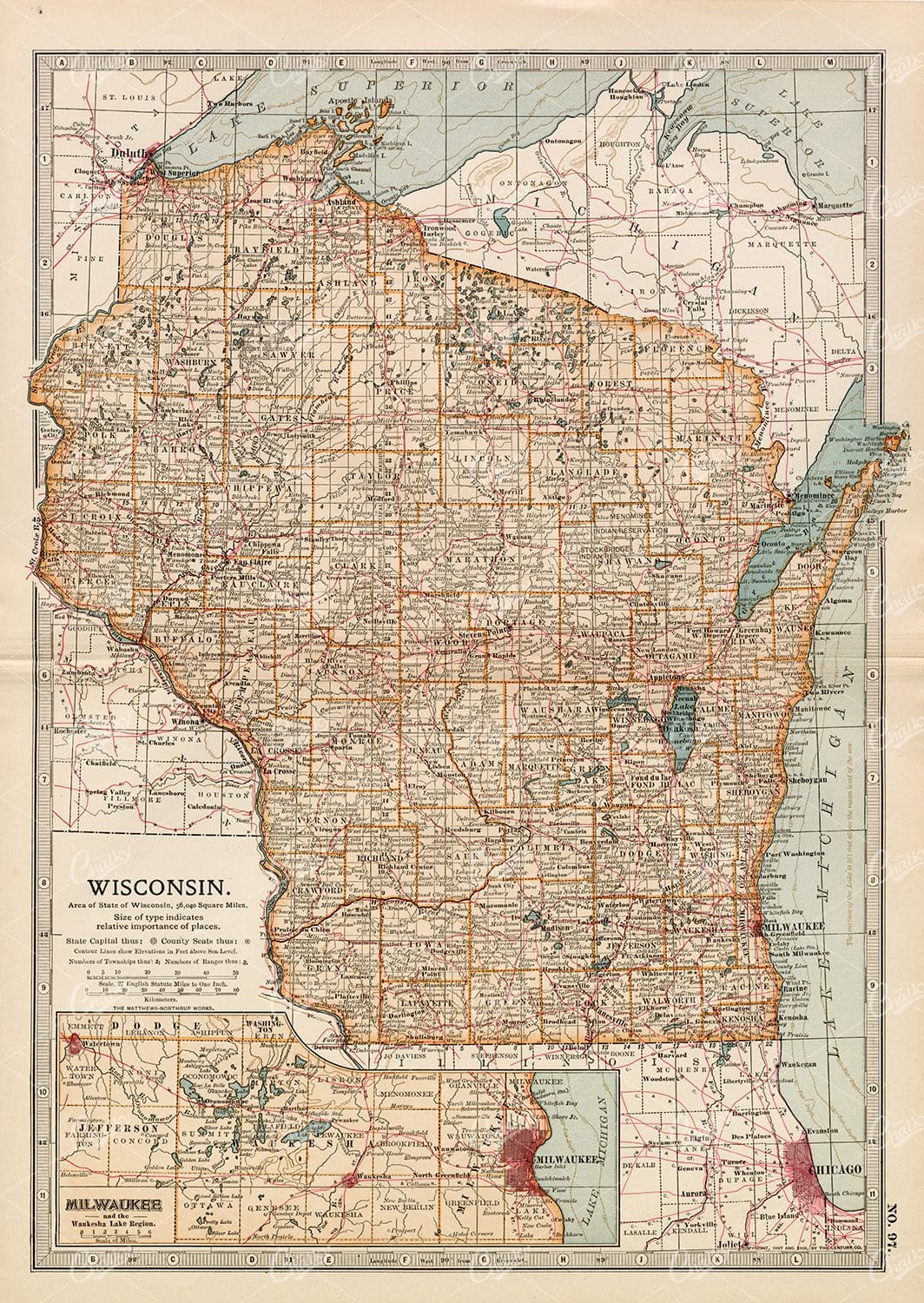 1902 VINTAGE Map of Wisconsin, USA - Encyclopedia Britannica