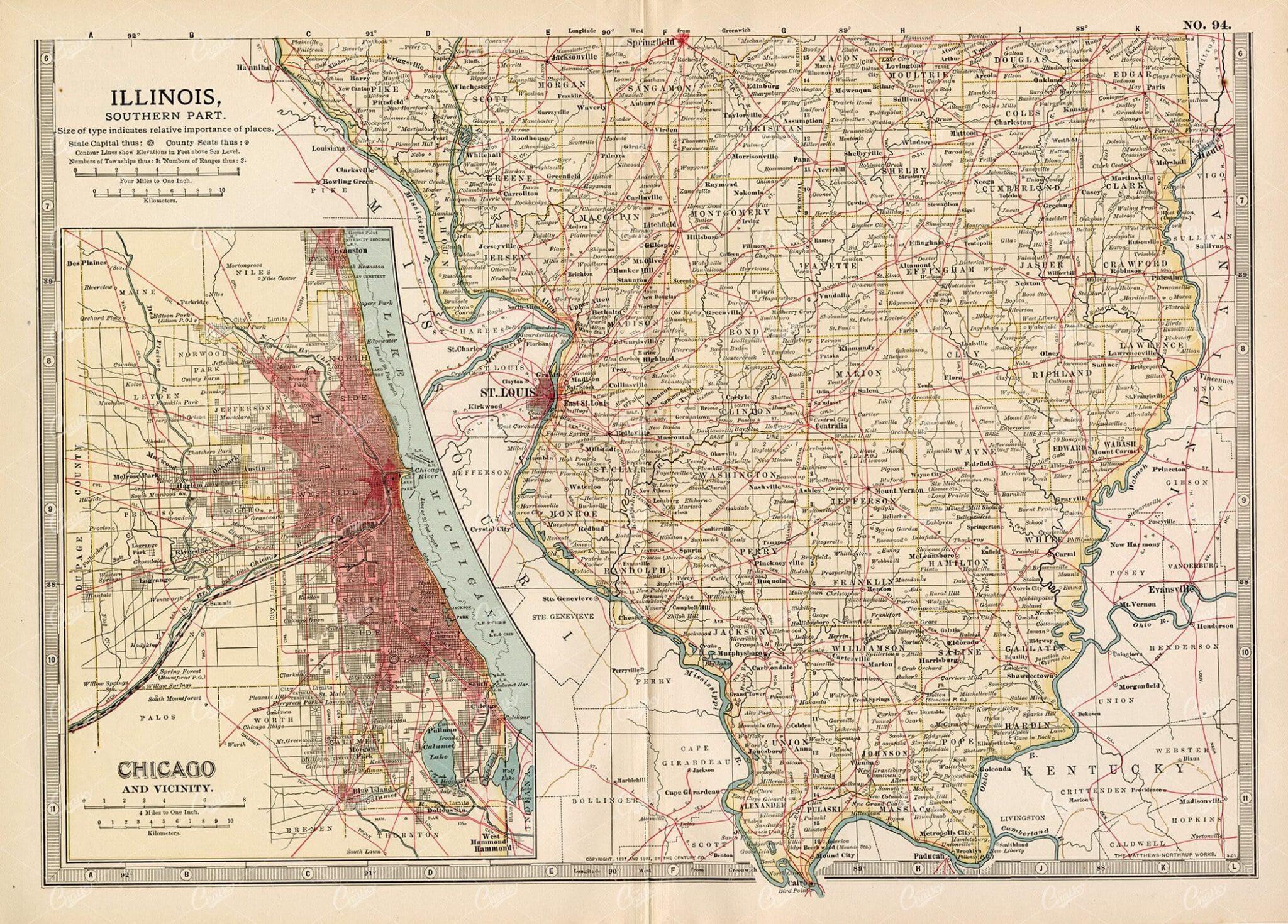 VINTAGE Map of Illinois, Southern Part - 1902 Encyclopedia Britannica