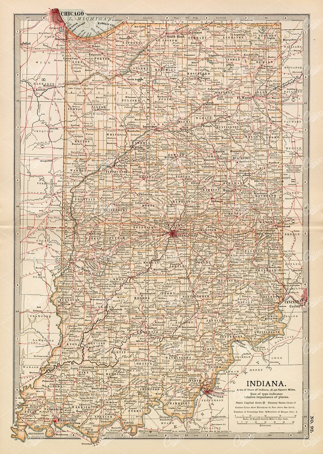 1902 VINTAGE Map of Indiana, USA - Encyclopedia Britannica