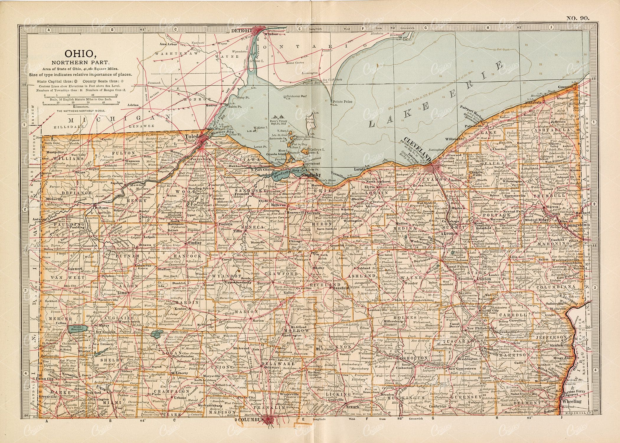 VINTAGE Map of Ohio, Northern Part - 1902 Antique Print