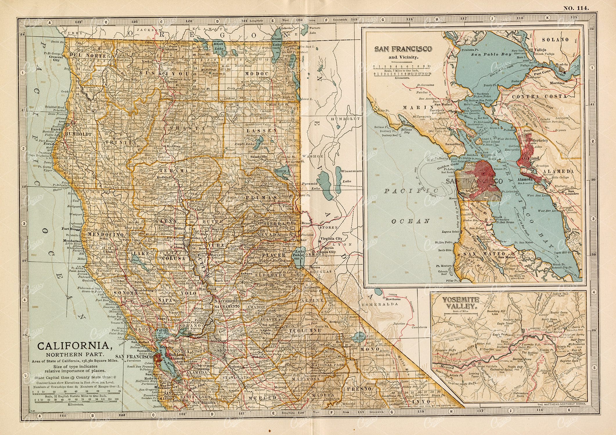 ANTIQUE Map of California, Northern Part- Encyclopedia Britannica