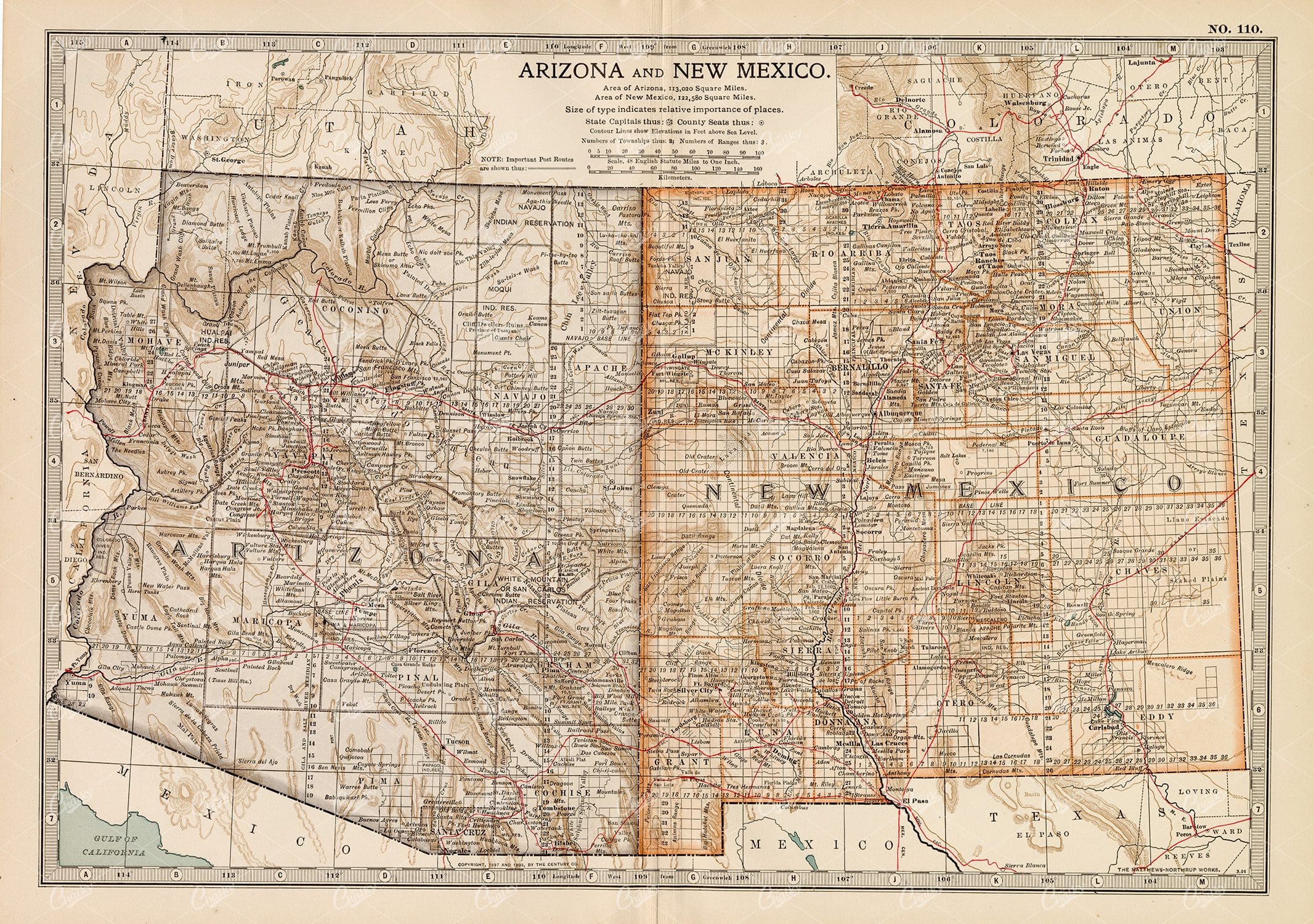 1902 VINTAGE Map of Arizona and New Mexico - Antique Print