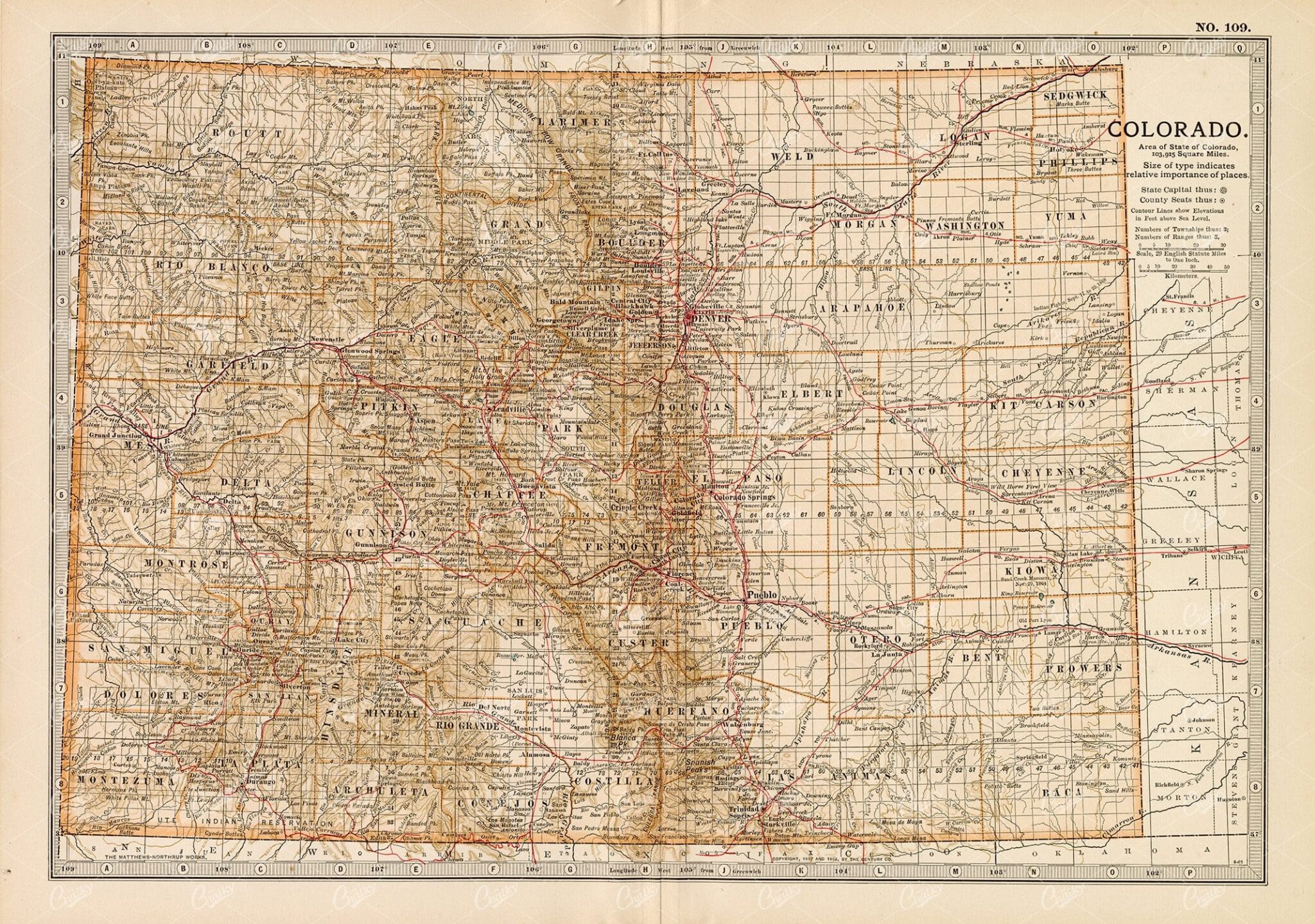 VINTAGE Map of Colorado - 1902 Encyclopedia Britannica