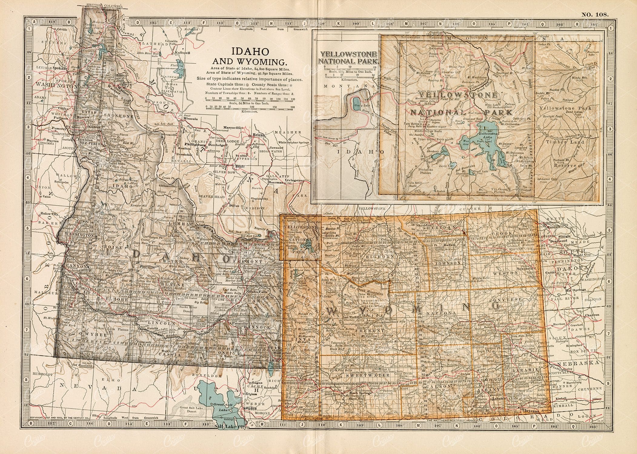 VINTAGE Map of Idaho and Wyoming - 1902 Antique Print