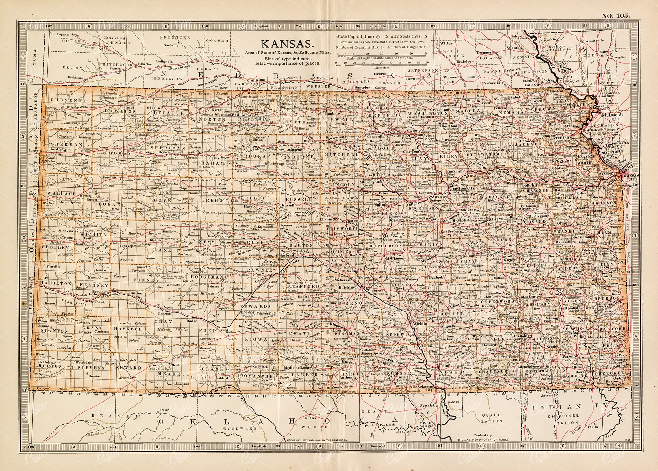 ANTIQUE Map of Kansas - 1902 Encyclopedia Britannica