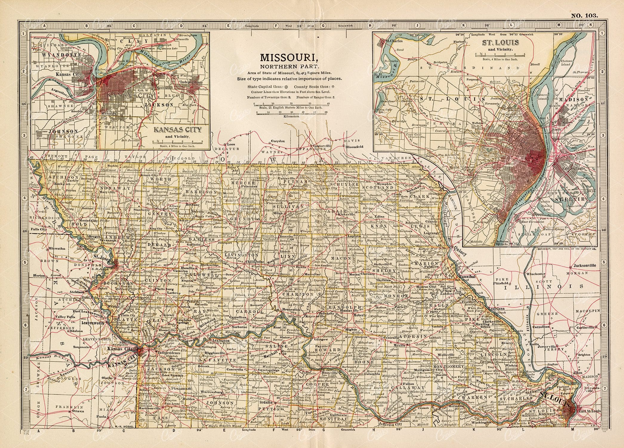 VINTAGE Map of Missouri, Northern Part - 1902 Antique Print