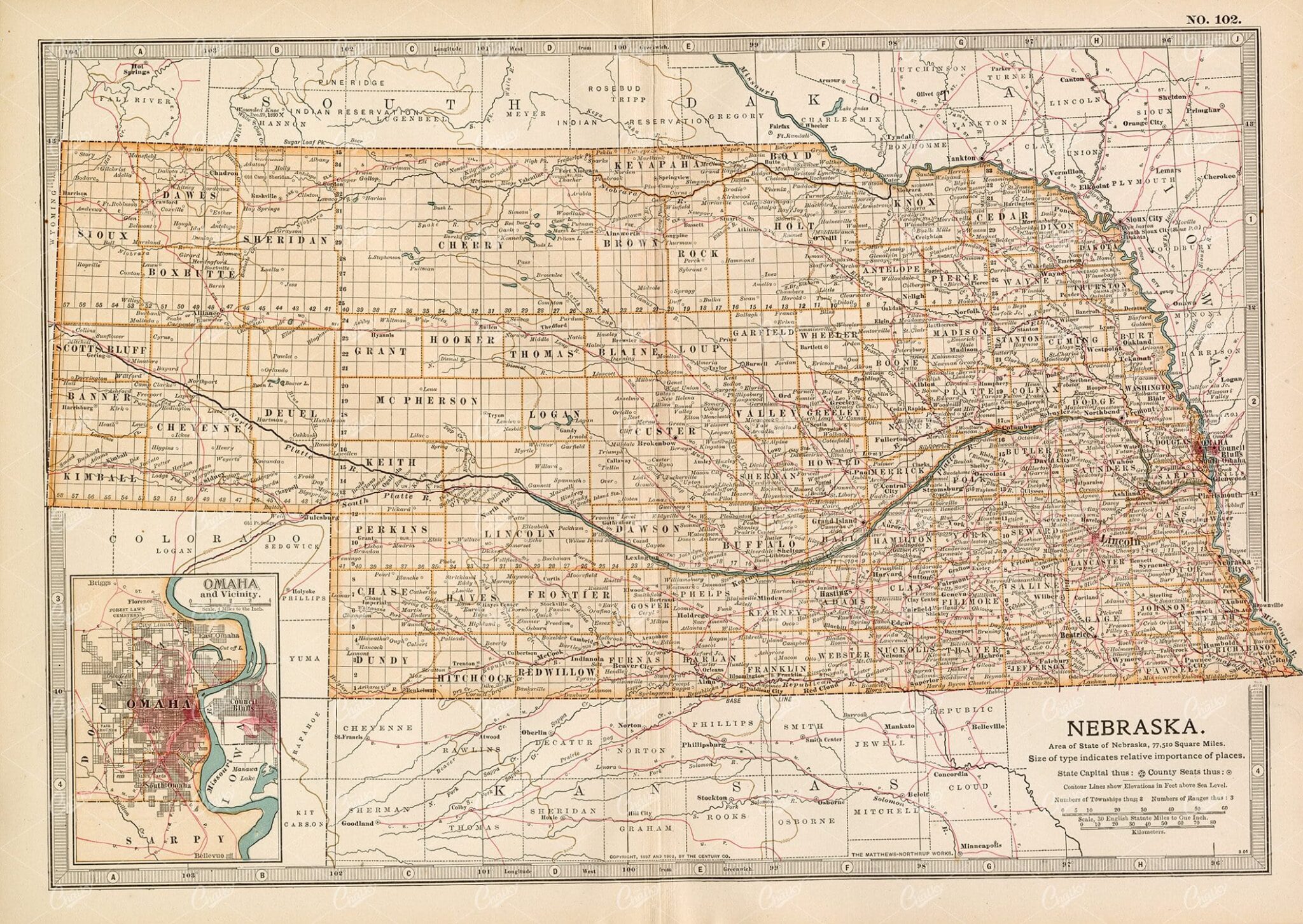ANTIQUE Map of Nebraska, 1902 Encyclopedia Britannica