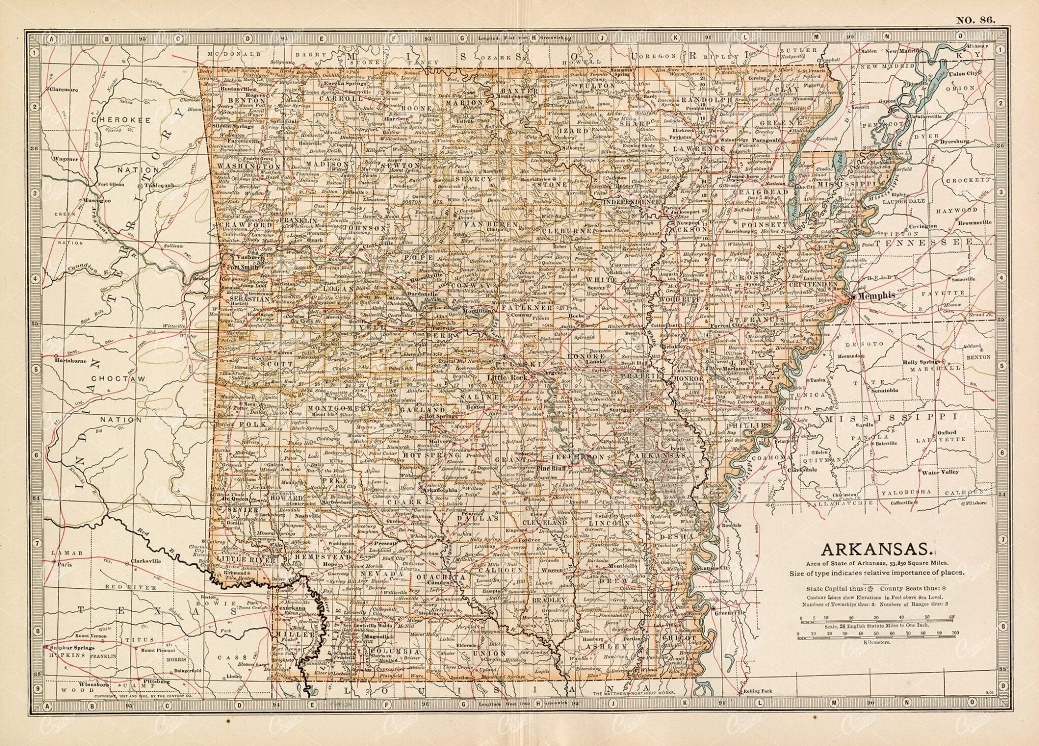 VINTAGE Map of Arkansas - 1902 Encyclopedia Britannica