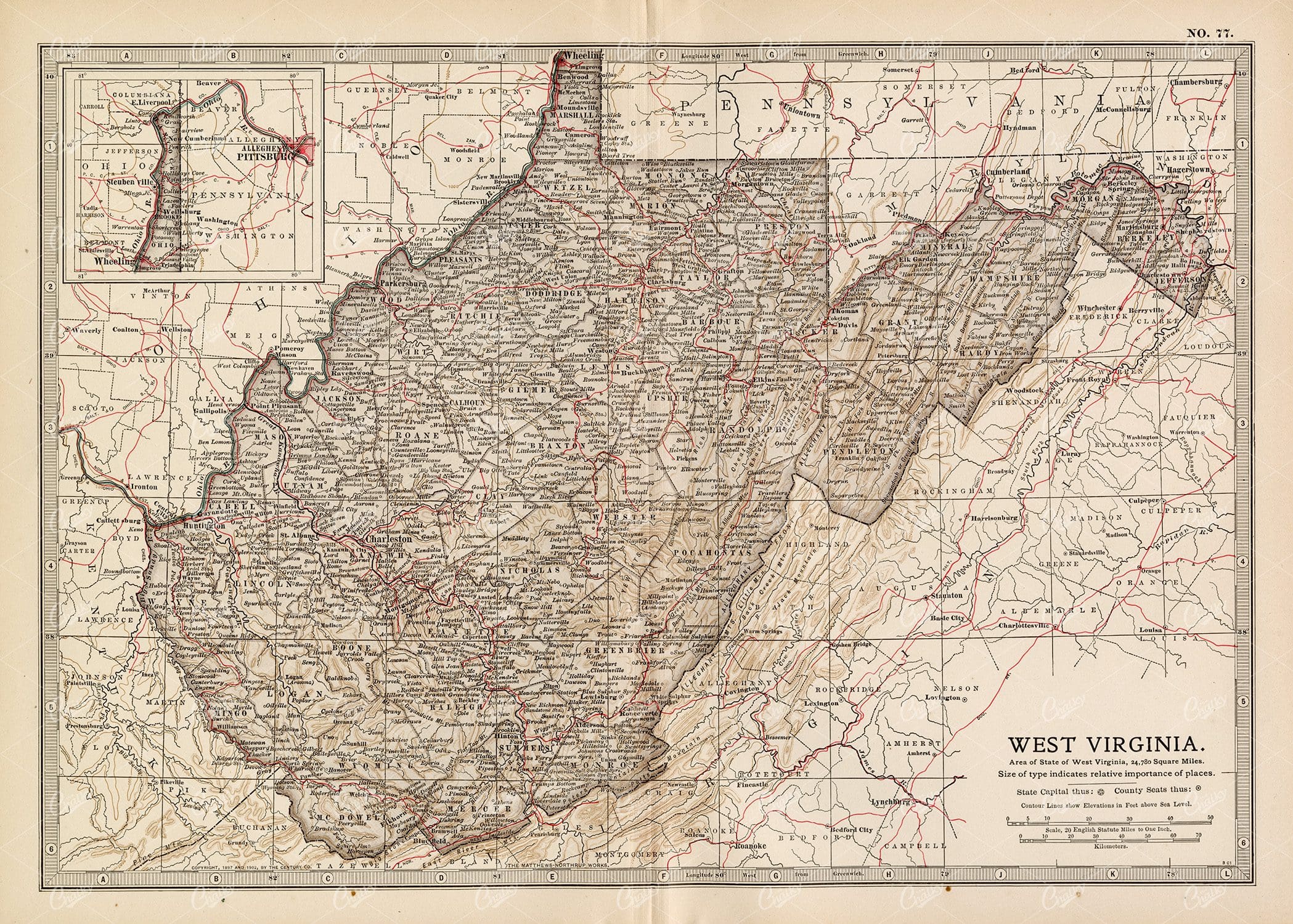 ANTIQUE Map of West Virginia - 1902 Encyclopedia Britannica