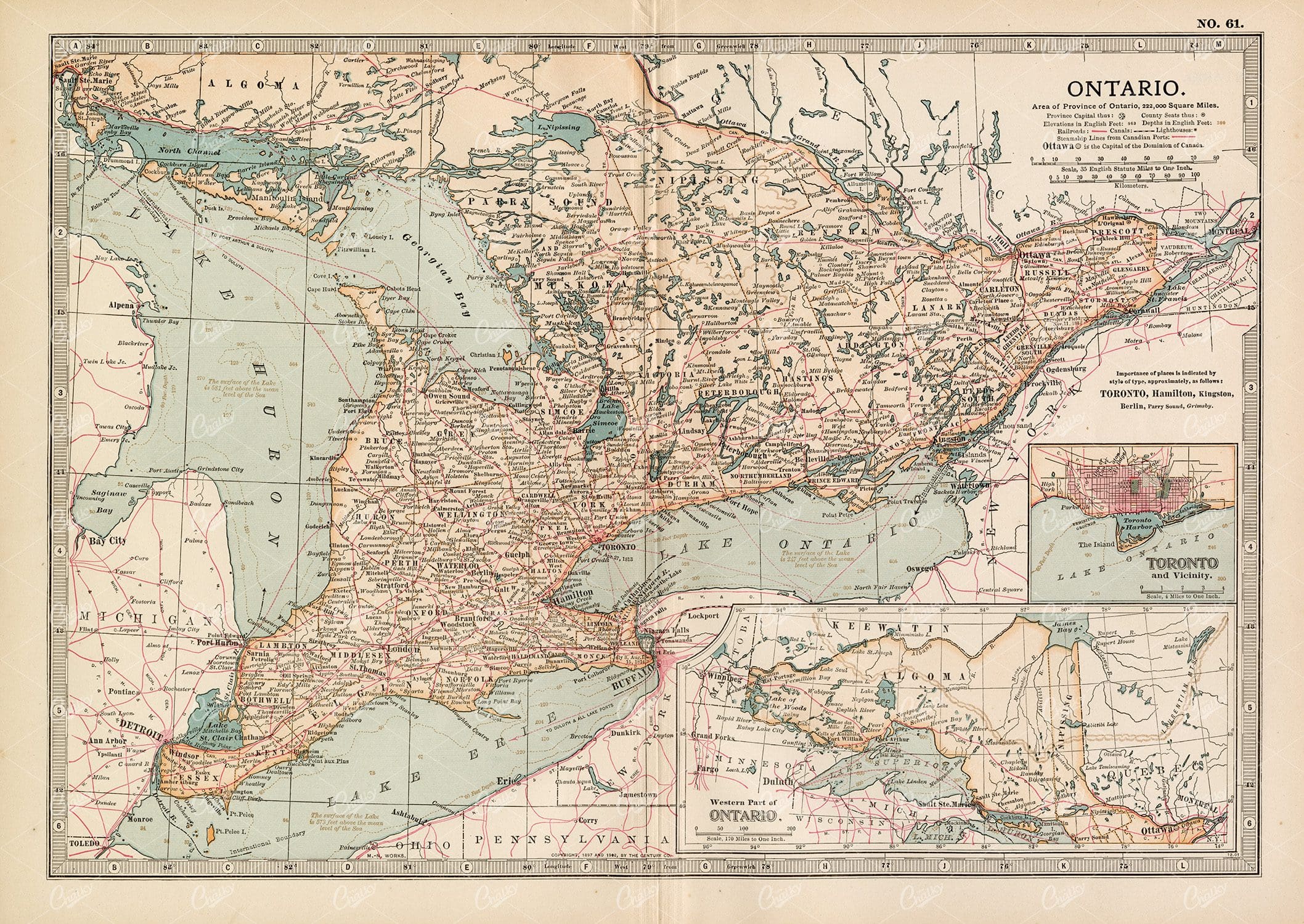 VINTAGE Map of Ontario - 1902 Encyclopedia Britannica