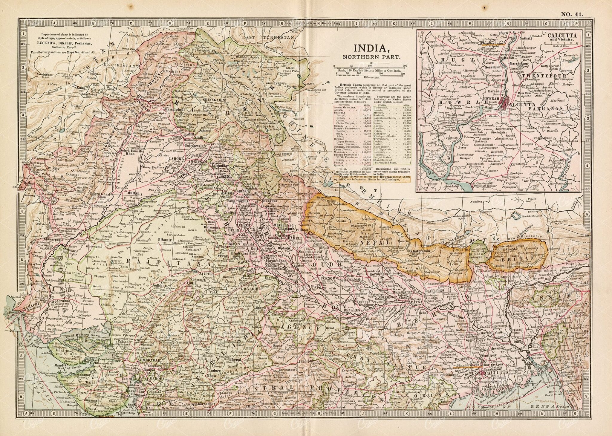 VINTAGE Map of India, Northern Part - 1902 Antique Print
