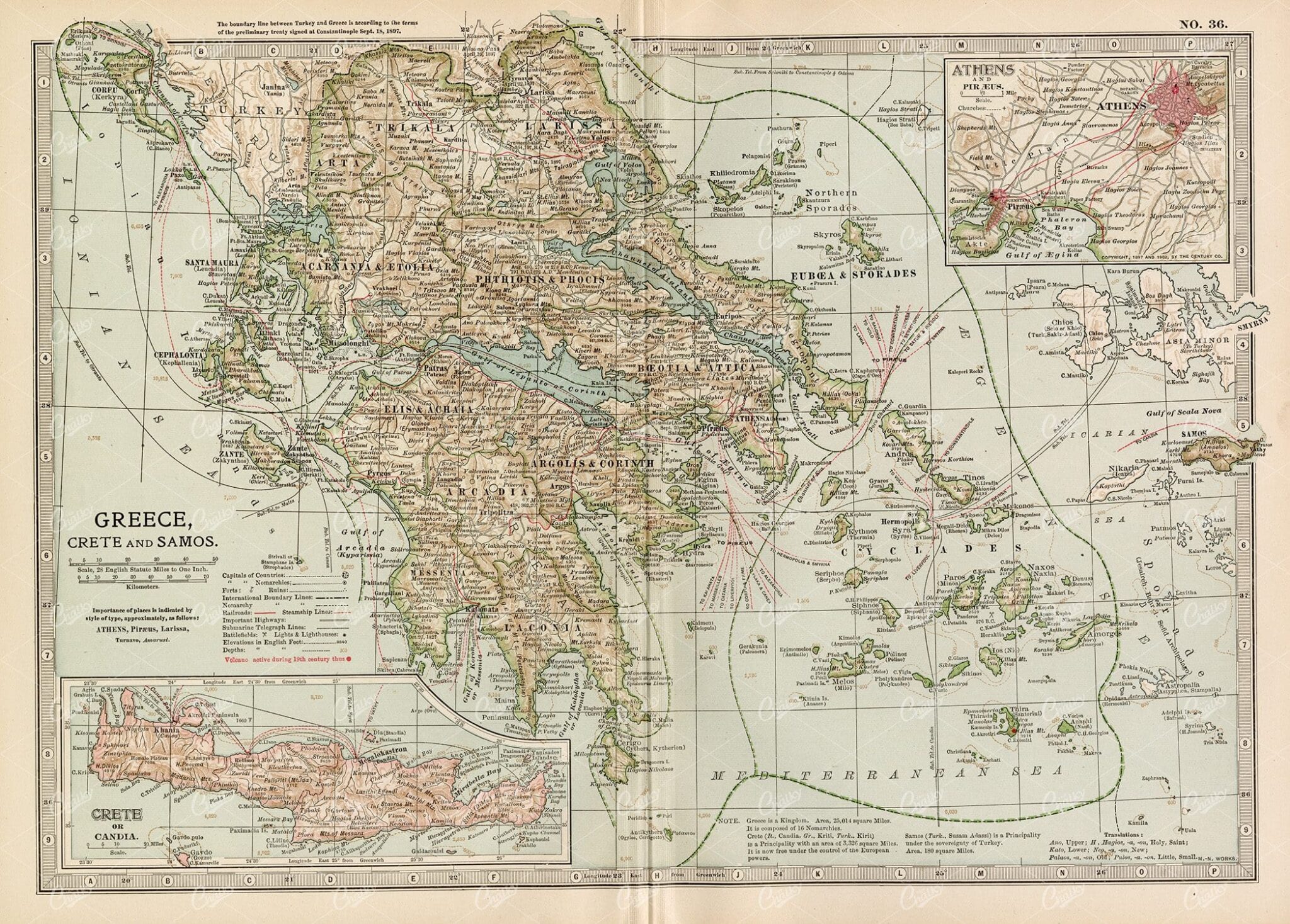1902 VINTAGE Map of Greece, Crete and Samos