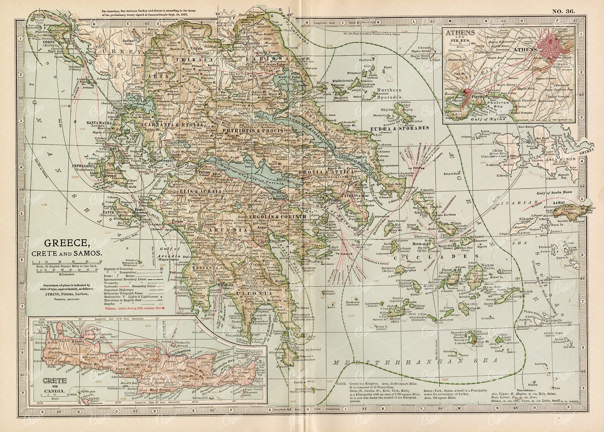 1902 VINTAGE Map of Greece, Crete and Samos
