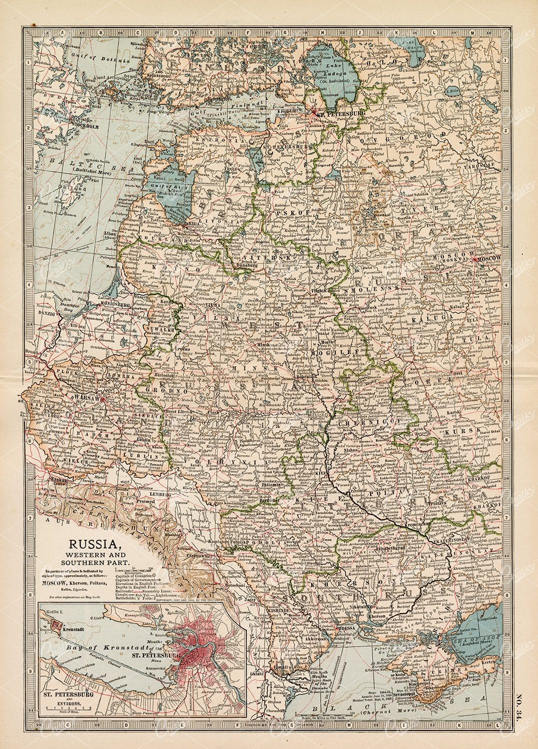 1902 VINTAGE Map of Russia, Western and Southern Part