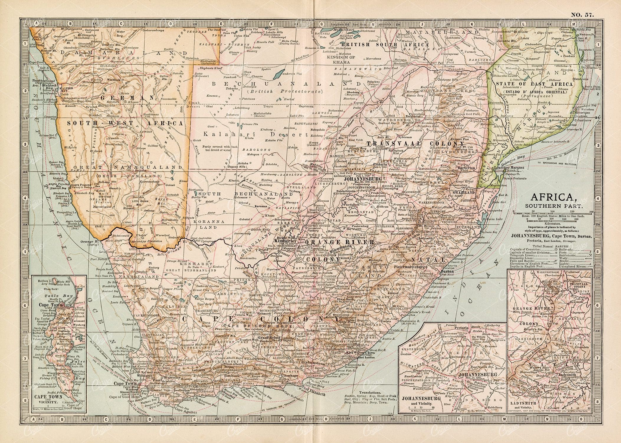 VINTAGE Map of Africa, Southern Part - 1902 Antique Print