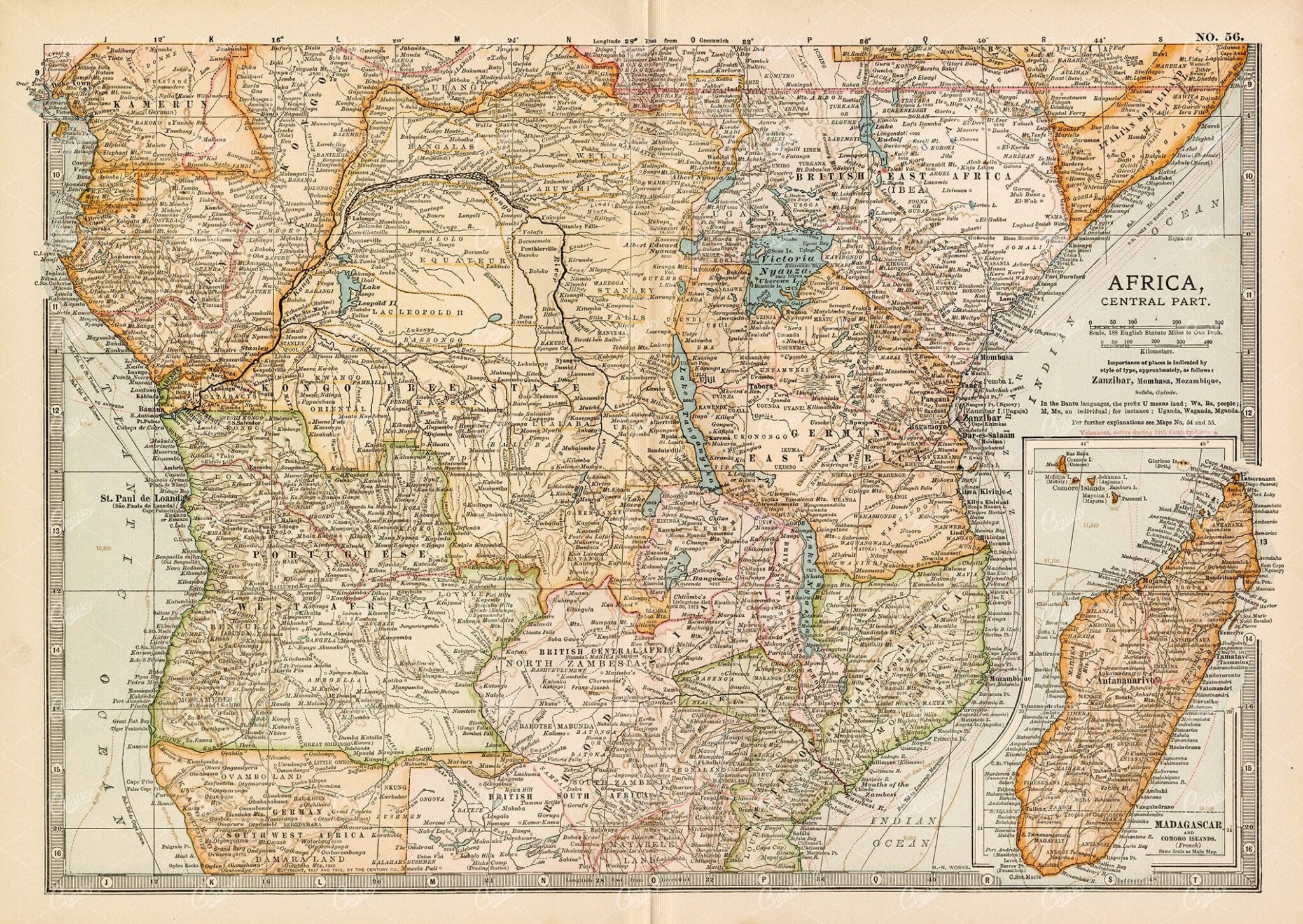 VINTAGE Map of Africa, Central Part - 1902 Antique Print