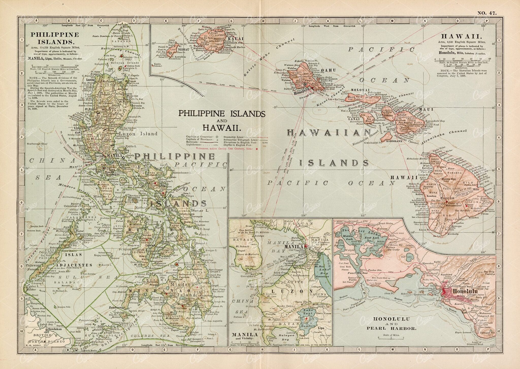 1902 ANTIQUE Map of Philippine Islands and Hawaii
