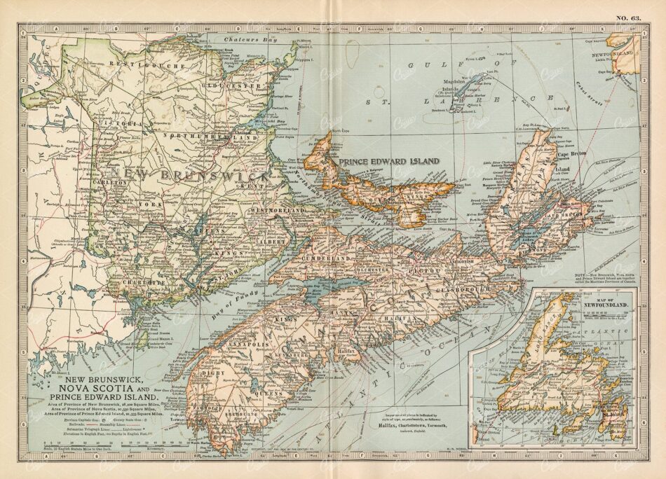 VINTAGE Map of New Brunswick, Nova Scotia - 1902 Antique Print