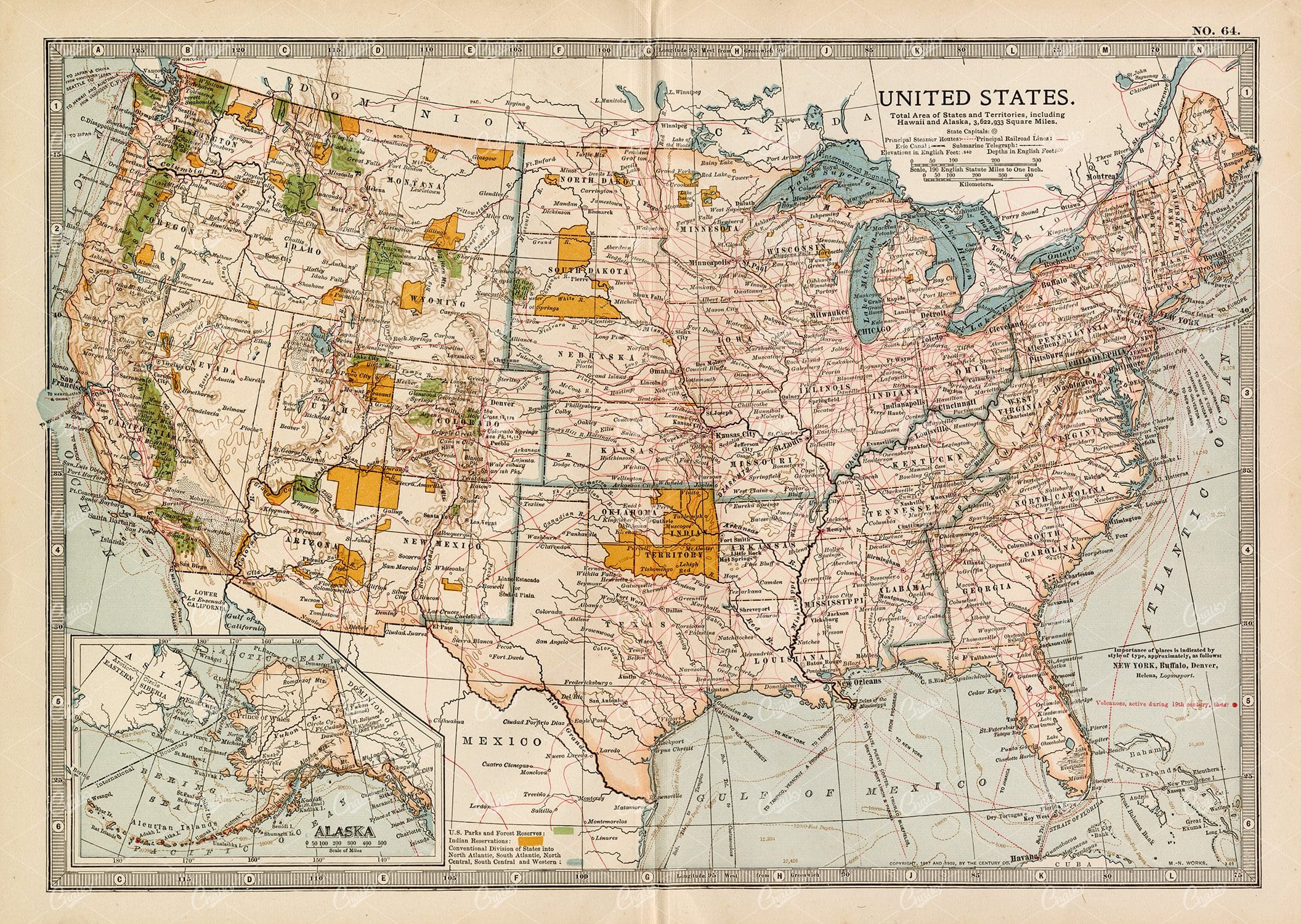 VINTAGE Map of United States - 1902 Antique Print