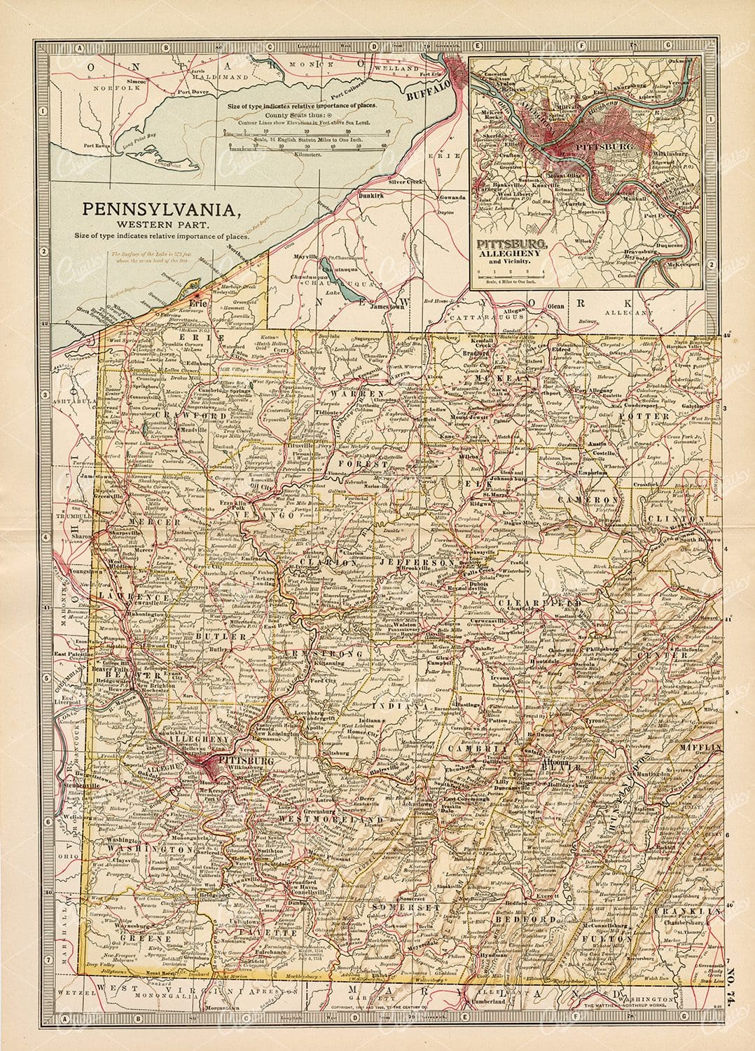 VINTAGE Map of Pennsylvania, Western Part - 1902 Antique Print