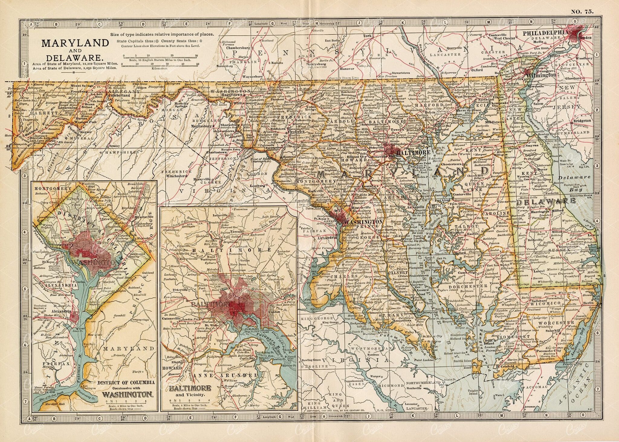 1902 VINTAGE Map of Maryland, Delaware and District of Columbia