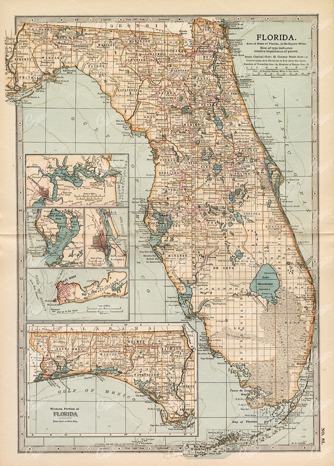VINTAGE Map of Florida - 1902 Encyclopedia Britannica