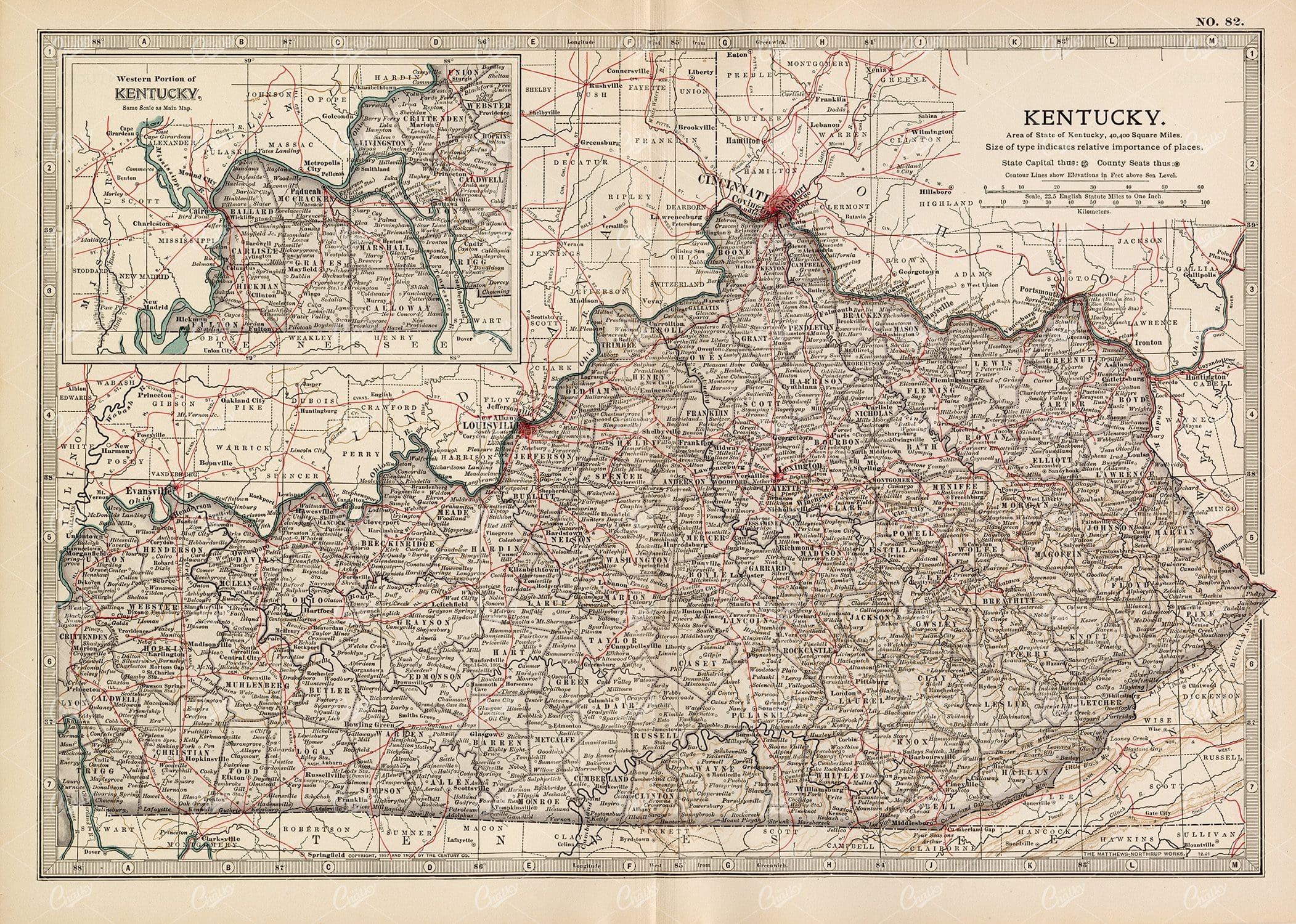 VINTAGE Map of Kentucky - 1902 Antique Print