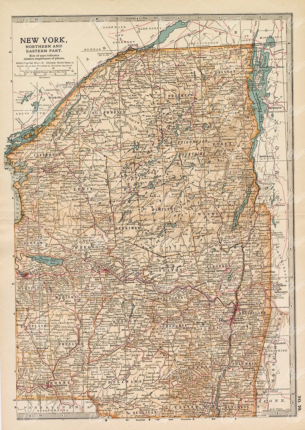 1902 ANTIQUE Map of New York, Northern and Eastern Part