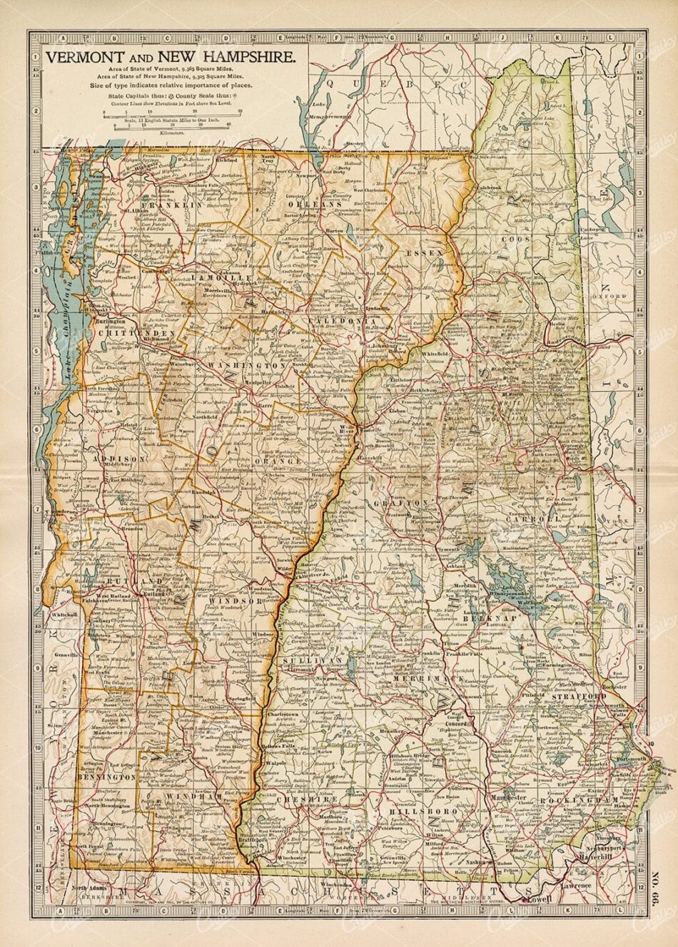 1902 ANTIQUE Map of Vermont and New Hampshire