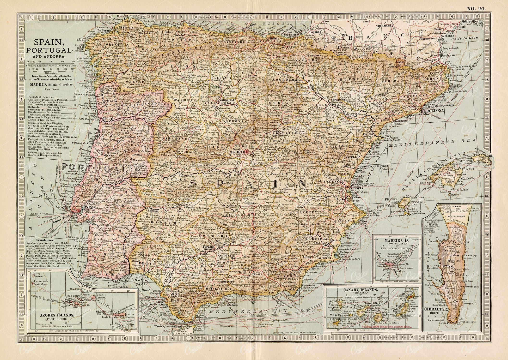 VINTAGE Map of Spain, Portugal, and Andorra - 1902 Antique Print