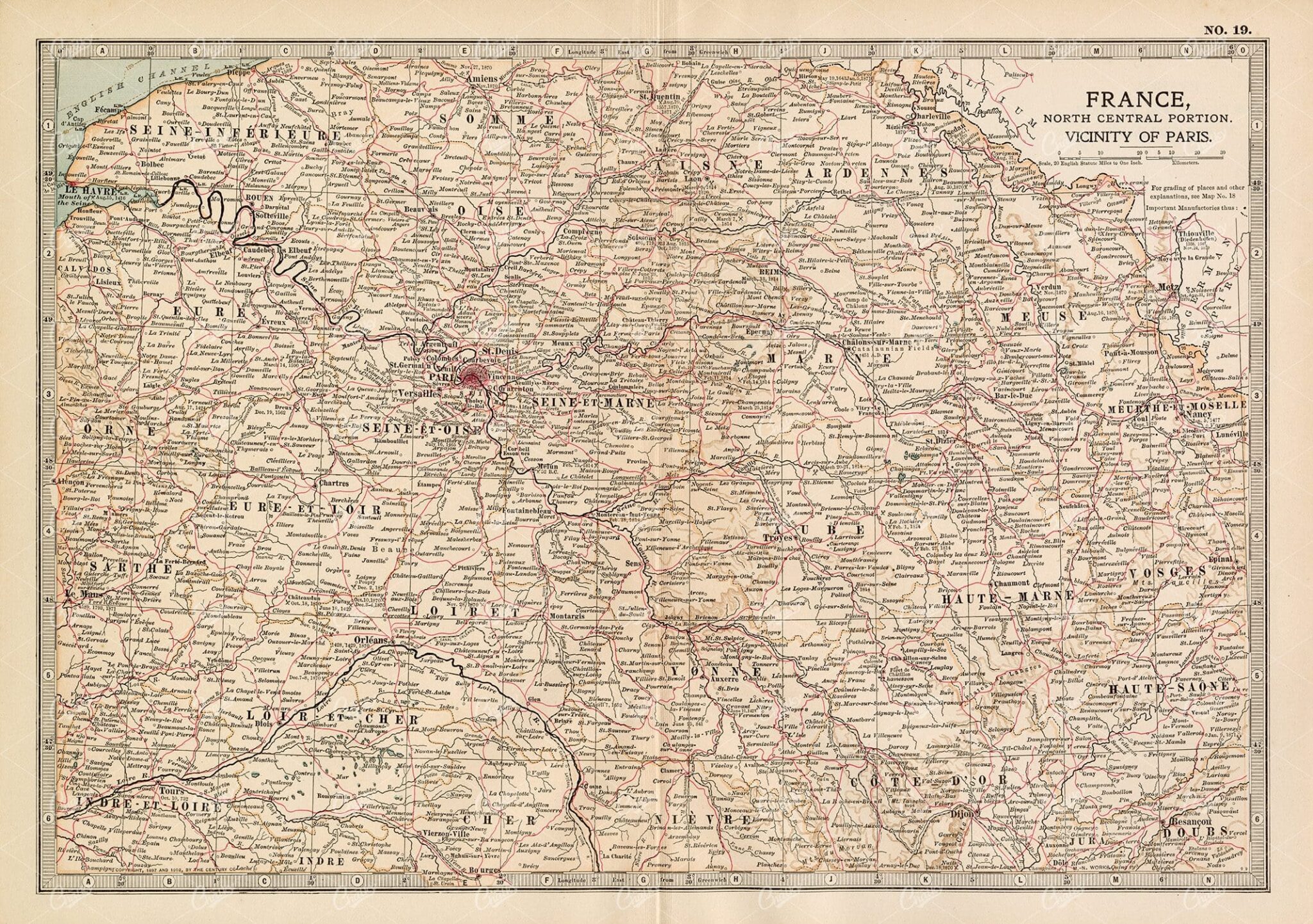 VINTAGE Map of France, North Central Portion - 1902 Antique Print