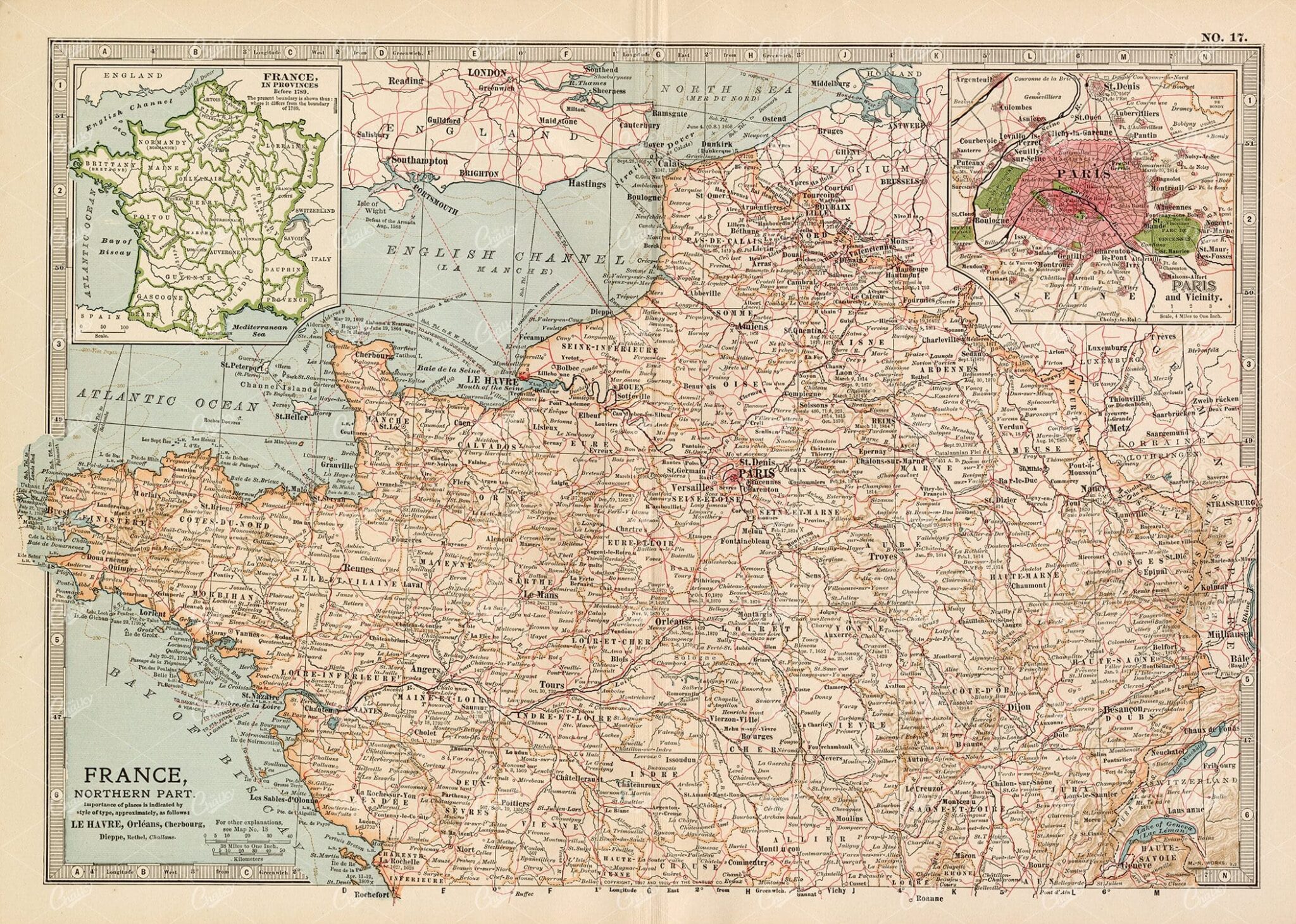 VINTAGE Map of France, Northern Part - 1902 Encyclopedia Britannica
