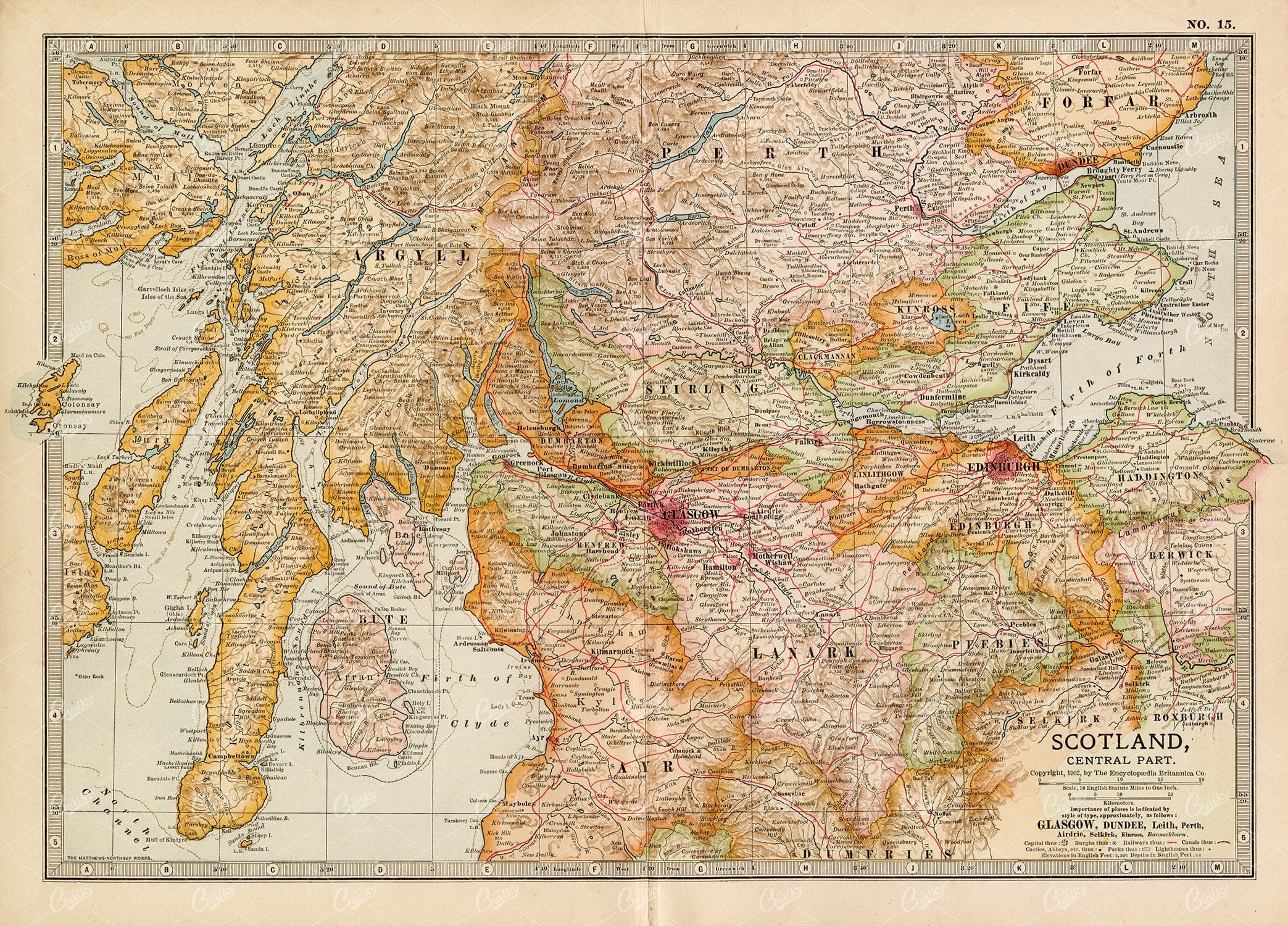 VINTAGE Map of Scotland, Central Part - 1902 Antique Print