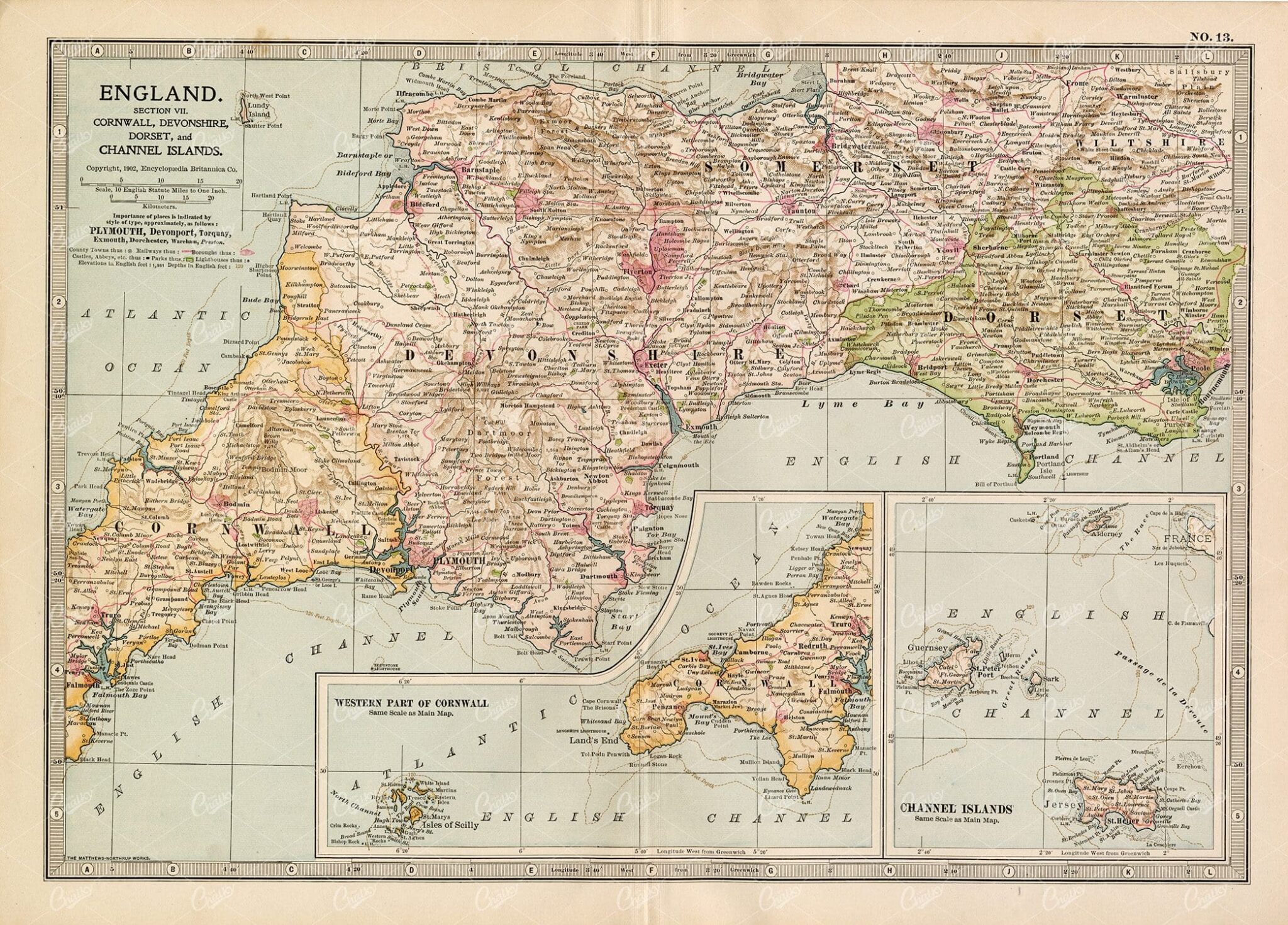 VINTAGE Map of Cornwall, Devonshire, Dorset and Channel Islands