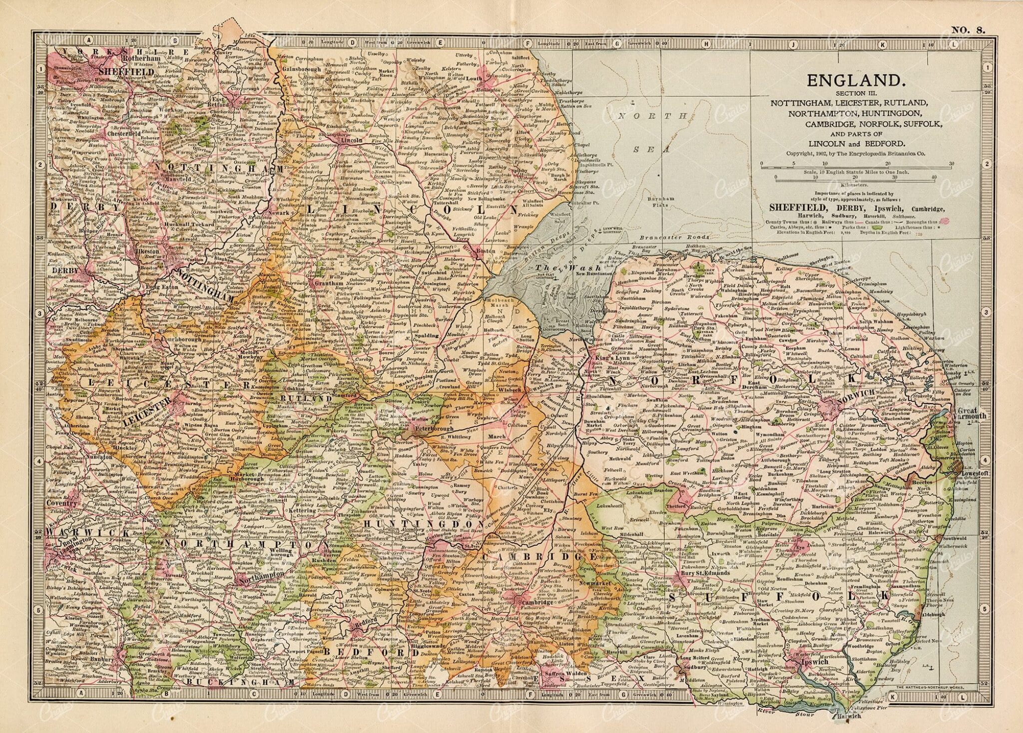 VINTAGE Map of England, Section III - 1902 Encyclopedia Britannica